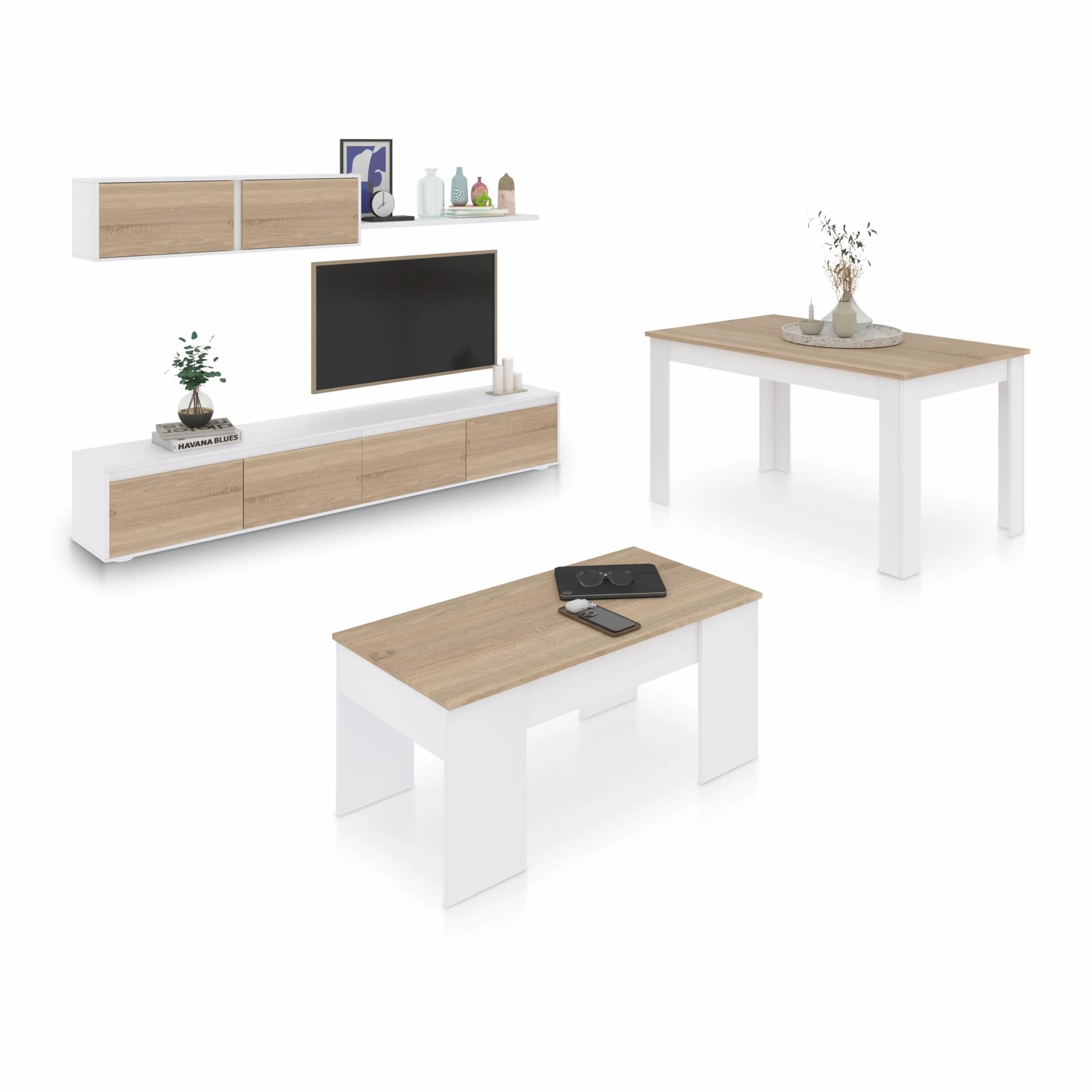 duehome | Pack de Salon con Modulo TV + Mesa de Centro Elevable y Mesa de Comedor, Conjunto de Salon, Modelo Arlet MAX V2B, Acabado en Blanco Artik y Roble Canadian