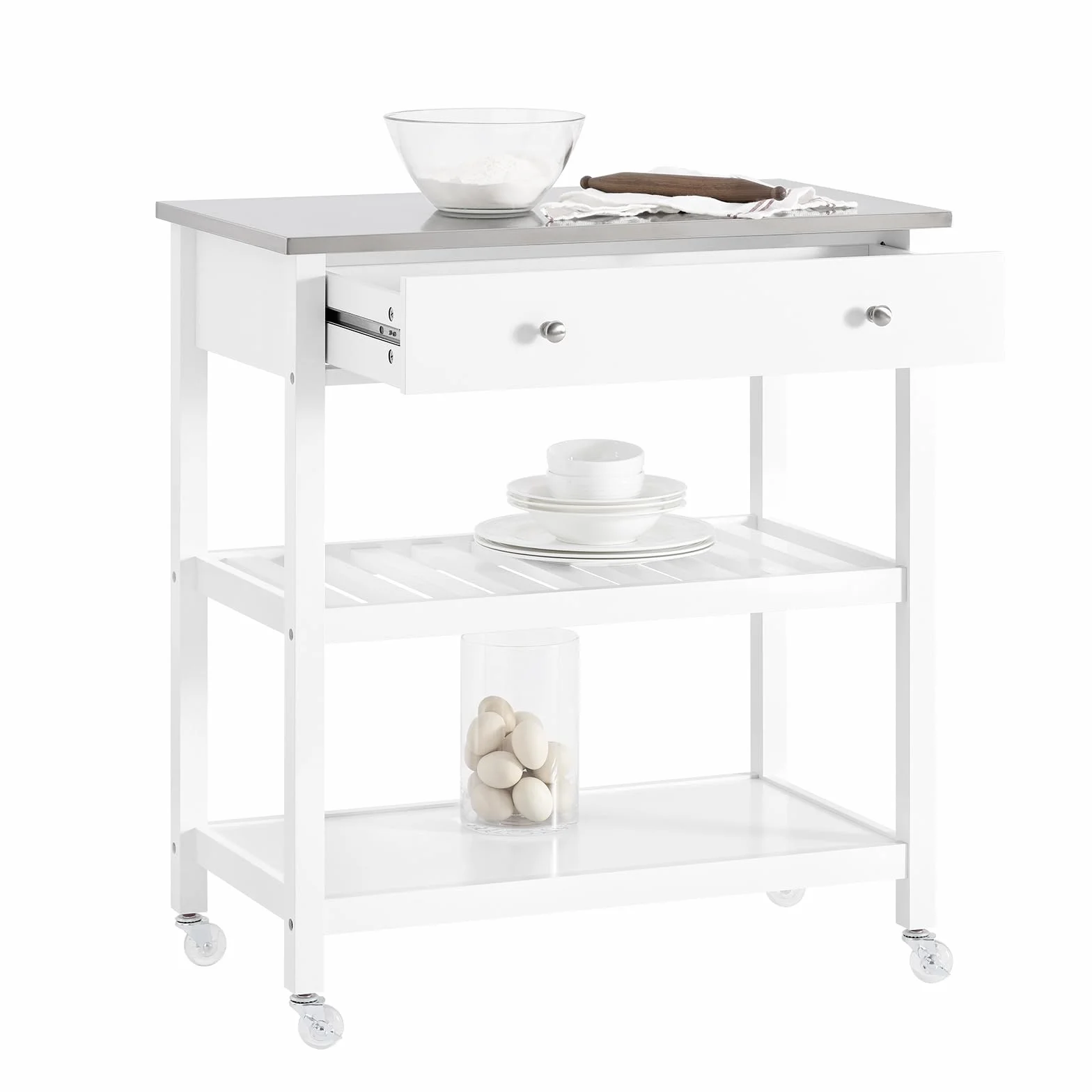 SoBuy Carrito de Cocina con Ruedas – Mesa Auxiliar con Encimera de Acero Inoxidable y Estantes Abiertos, Carrito de Servicio para Cocina, Hogar u Exterior, Blanco, 81x90x45cm FKW47-II-W