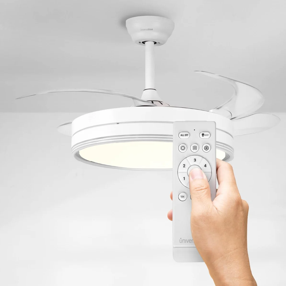 UNIVERSALBLUE VITRIMUR | Ventilador de Techo con Aspas Retráctiles | 6 Velocidades |Luz LED| Motor DC | Silencioso | Modo Invierno | Temporizador | Mando Incluido | Facil De Montar (Blanco)