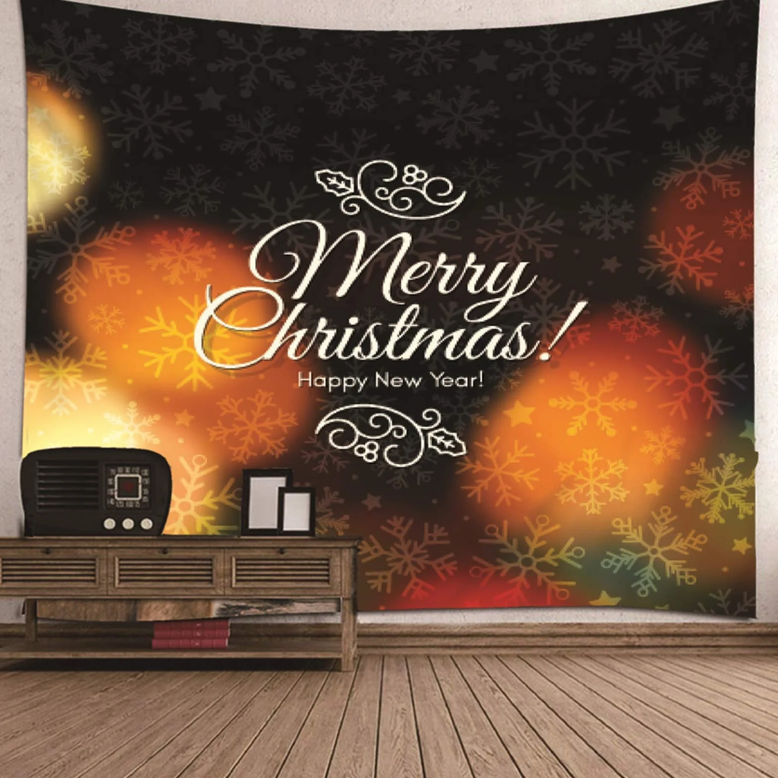 Tapiz Yoga Suelo, Decoracion de Navidad para Exterior Copos de Nieve Feliz Navidad Feliz Año Nuevo Amarillo Marron Poliéster Papel Tapiz Decorativos 260X240cm