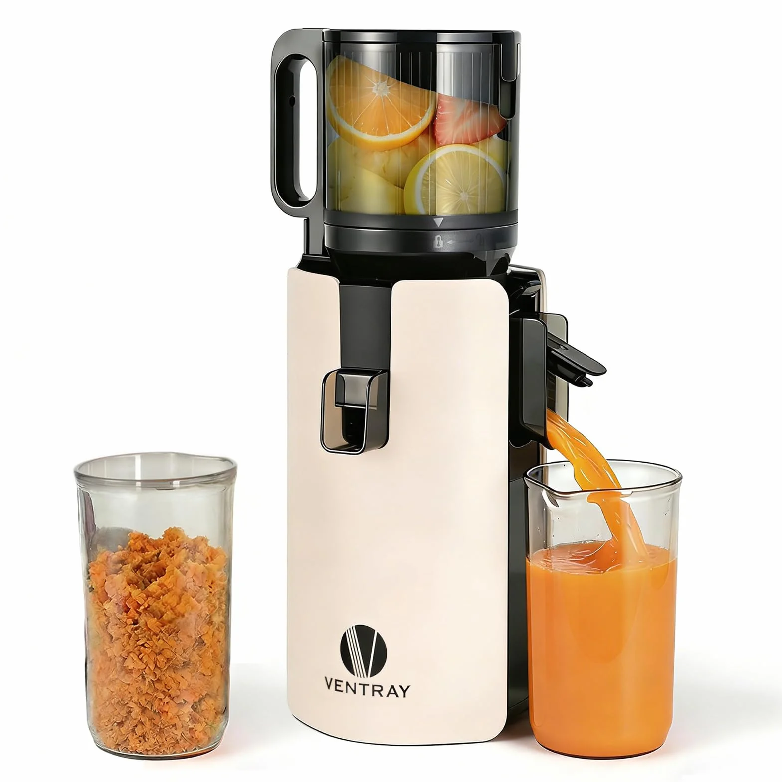 Ventray Extractor de Zumos Slow Juicer | Prensado en Frío con Apertura Ancha de 120mm para Frutas y Verduras Enteras | Sistema de Doble Filtrado | Fácil Limpieza | 250W | Sin BPA - Marfil