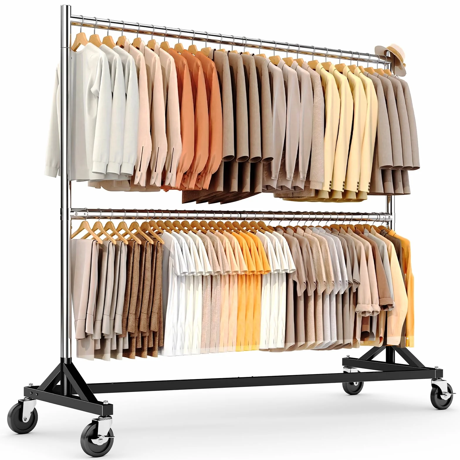 HOKEEPER Burro de Ropa Comercial Resistente de Doble Barra, Base en Z con Ruedas, 250kg, Altura Ajustable para Tiendas, Boutiques, Dormitorio, Plateado