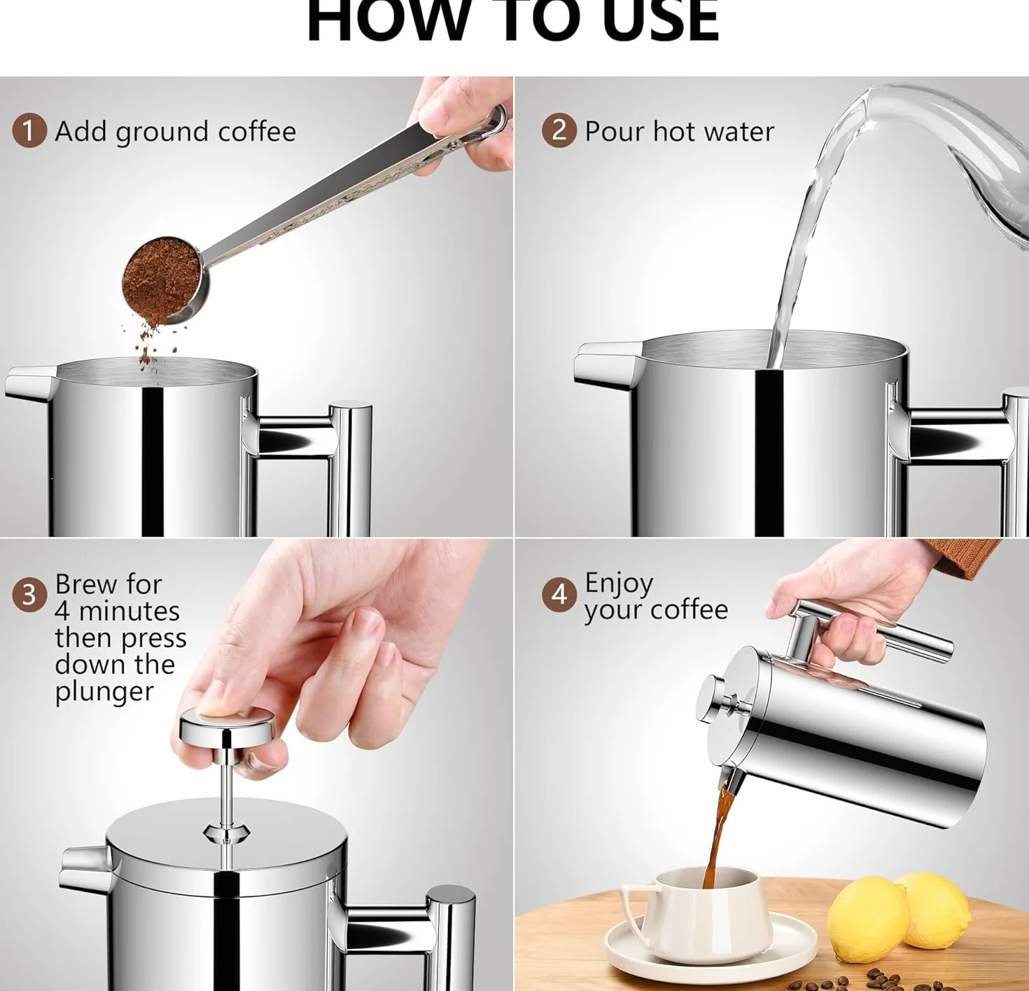 Pequeña cafetera de prensa francesa, prensa francesa con aislamiento de doble pared, prensa de café de acero inoxidable, incluye 2 litros adicionales y 1 cuchara de café (650 ml, 22 onzas)
