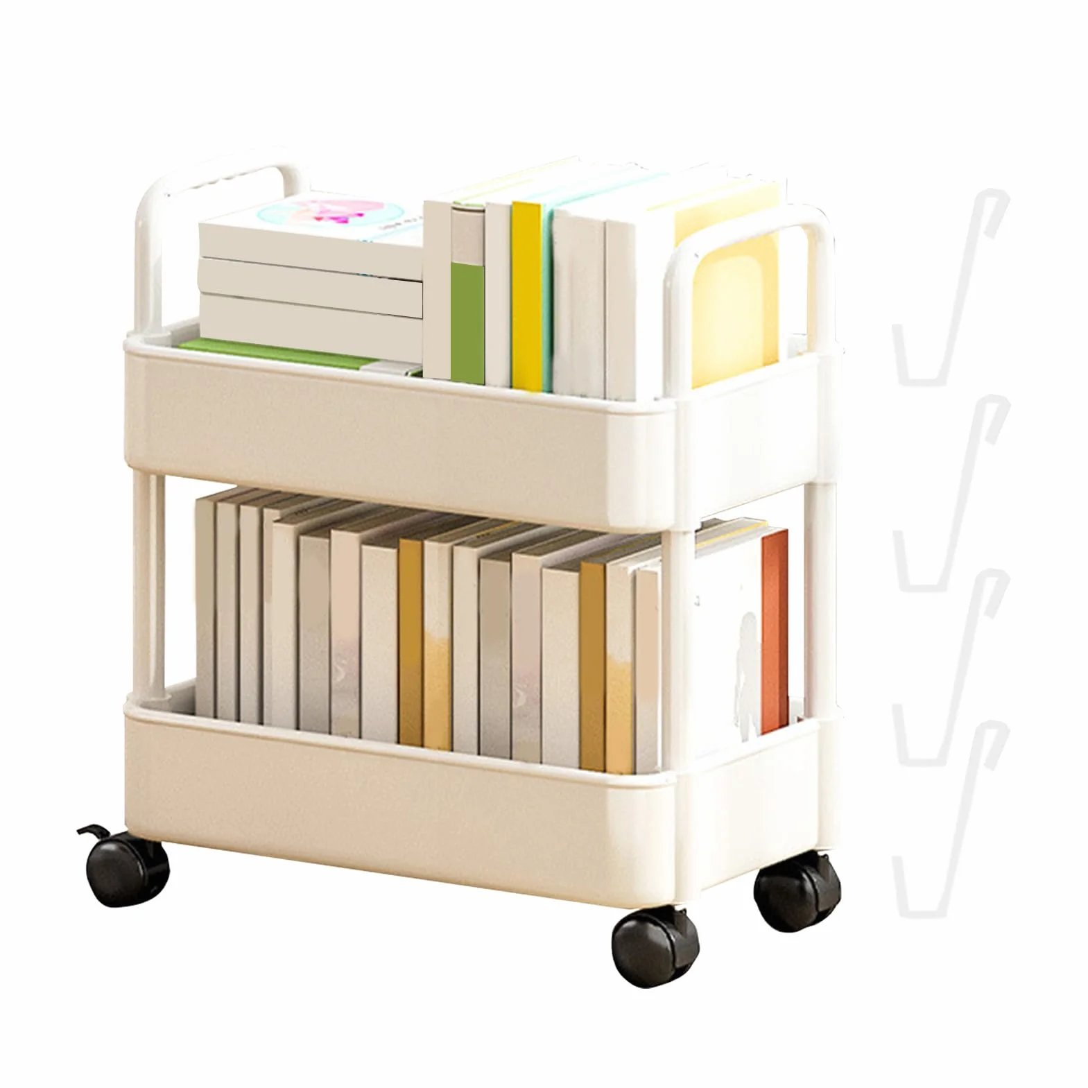 Carrito de estantería rodante, estante de almacenamiento móvil de 2 niveles con ruedas, organizador de libros multiusos, aperitivos portátiles, soporte de juguetes, carrito de aula escolar, exhibición