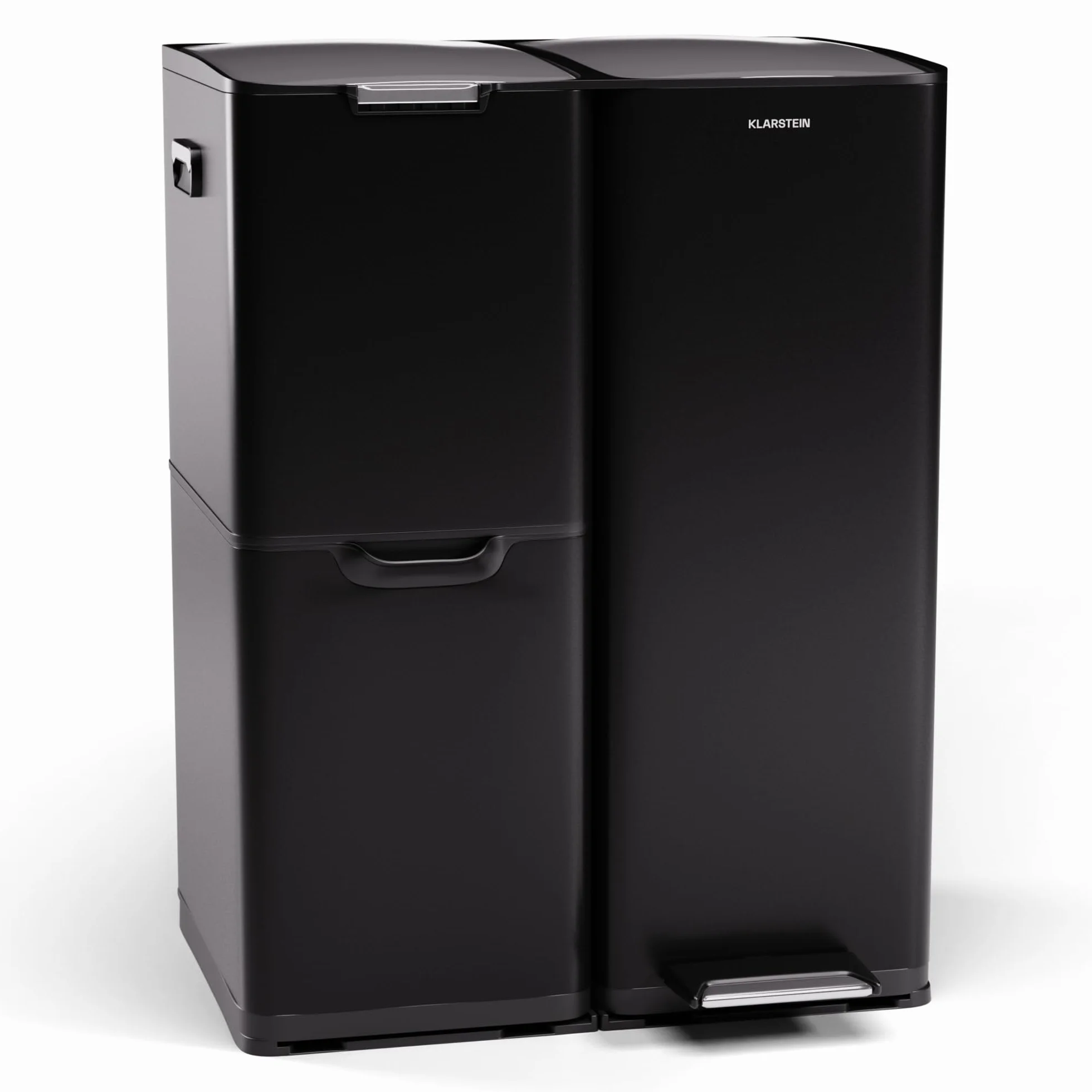 KLARSTEIN Tiyo 3 en 1 Cubo de Basura Cocina - 60L separación de residuos con Pedal y Tapa Soft-Close, Cuerpo de Acero Inoxidable, Cubos extraíbles, Pegatinas para Reciclaje