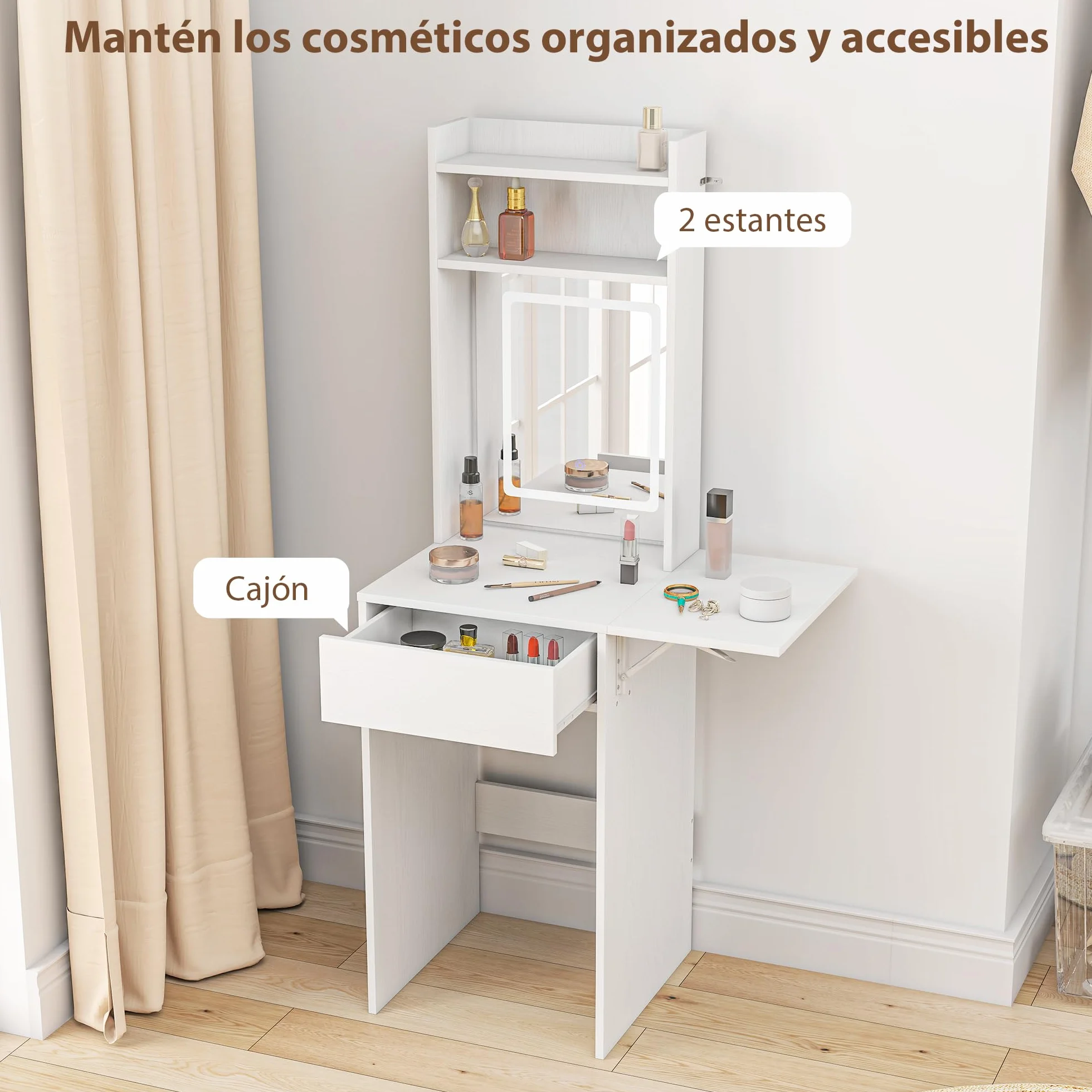 HOMCOM Tocador de Maquillaje con Luces LED de Color Ajustable en 3 Tonos y Espejo Tocador Pequeño Moderno con Lateral Abatible Cajón Compartimentos Abiertos para Espacios Pequeños Blanco