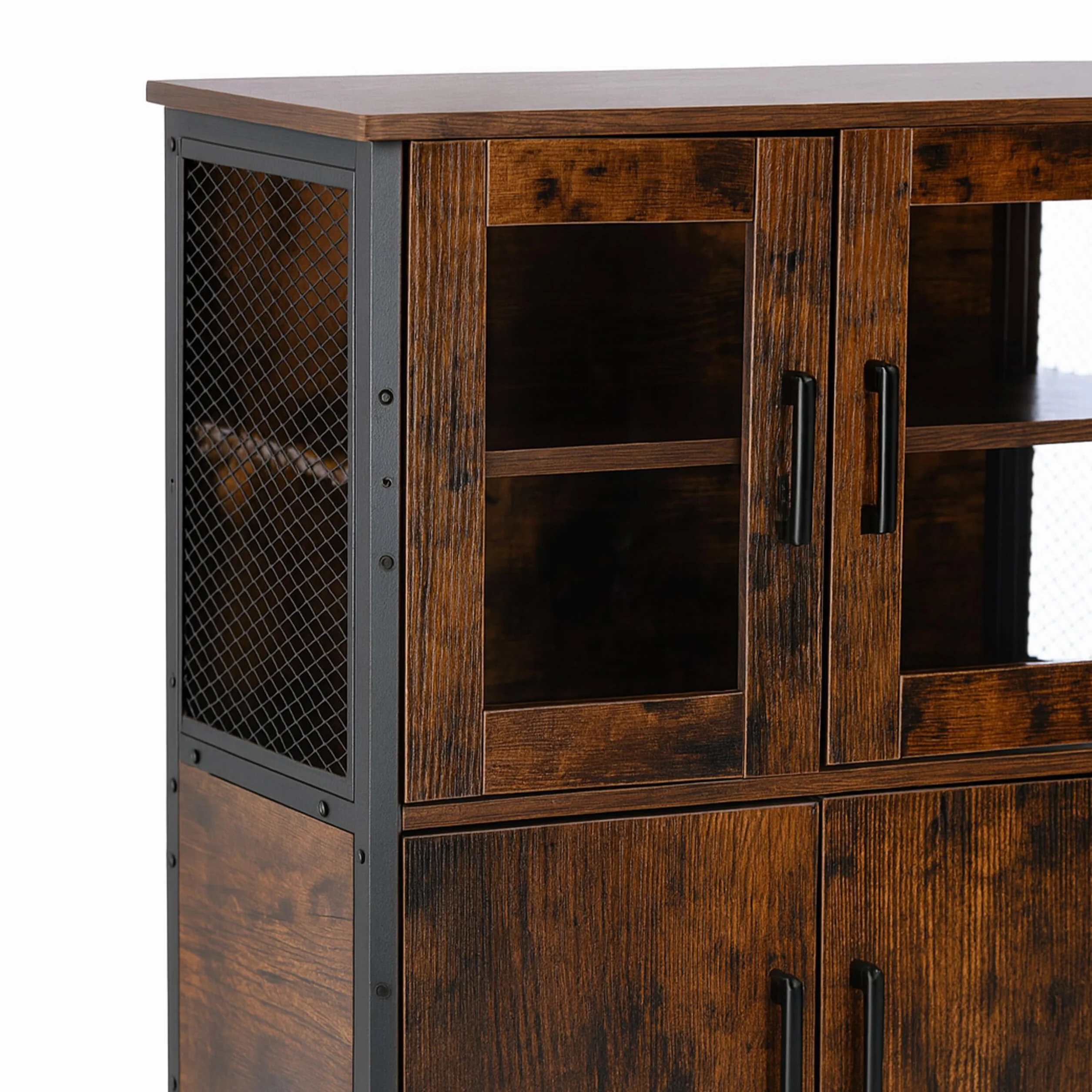 Relaxdays Armario Alto de Cocina Industrial con Puertas de Cristal, Vitrina Estrecha 108x60x30 cm, Madera Marrón
