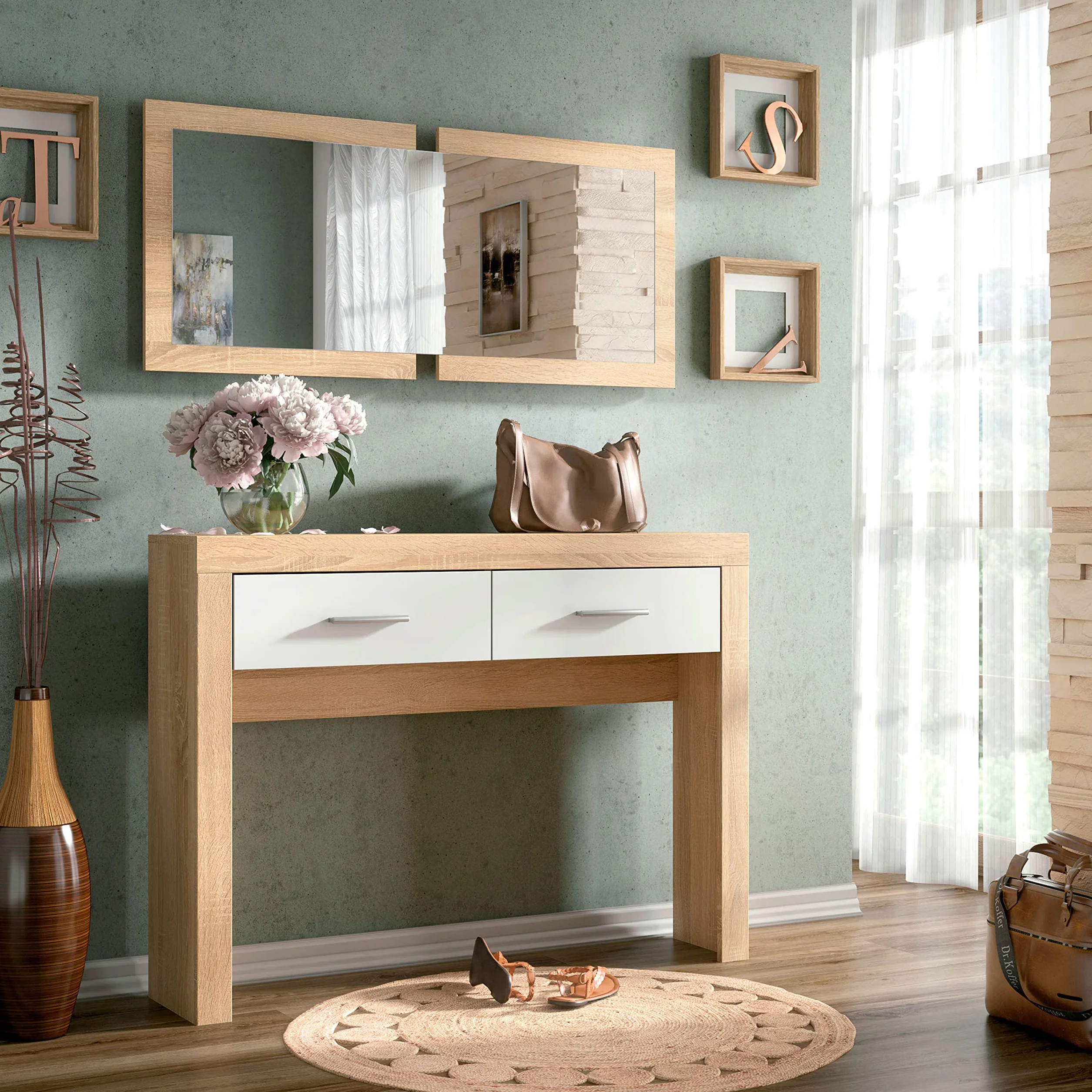 duehome | Recibidor Dos cajones y Espejo, Mueble de Entrada Acabado en Cambria y Blanco, Modelo Nuka, Medidas: 115 cm (Largo) x 26 cm (Fondo) x 85 cm (Alto)