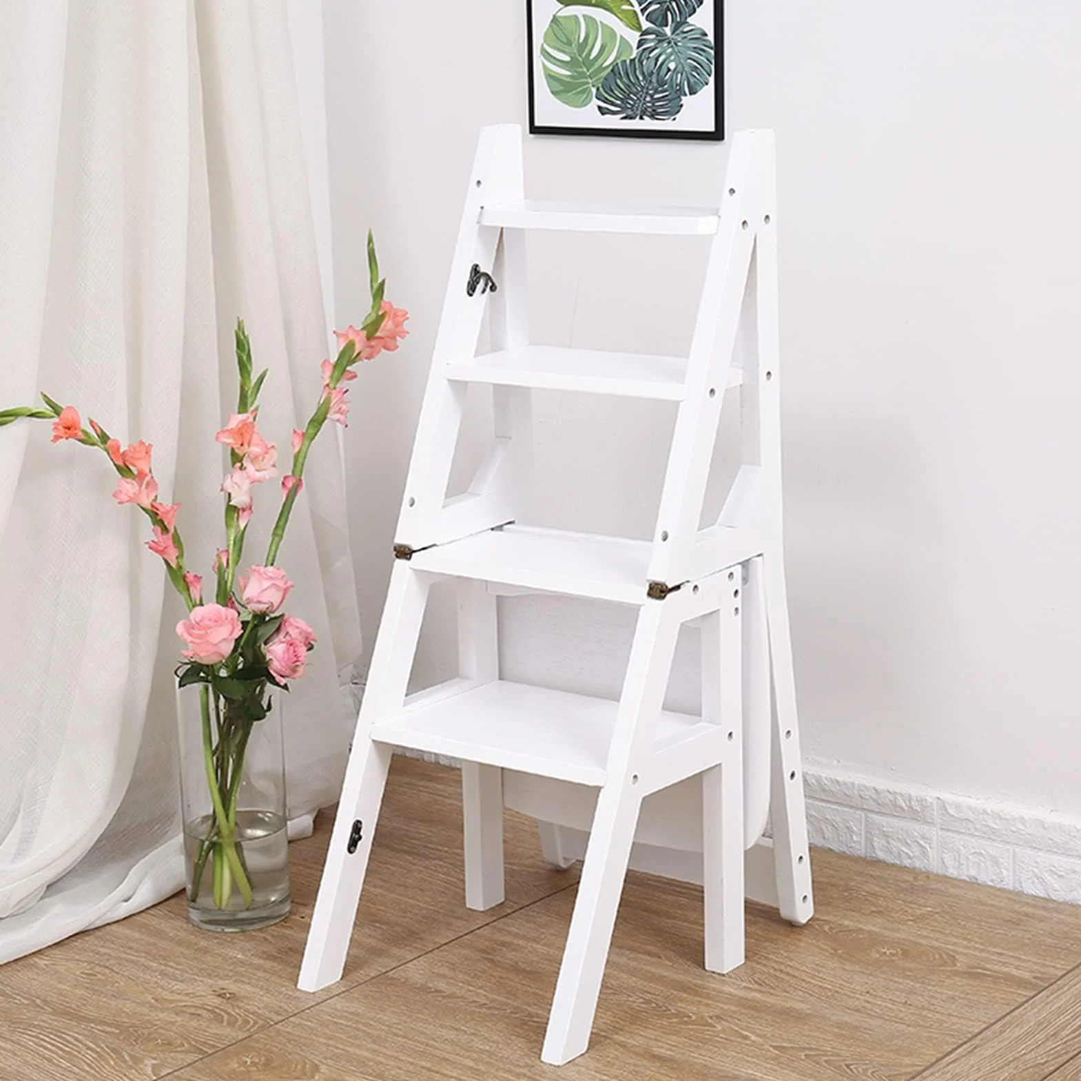 Escalera Plegable Multiusos para Taburete, Silla De Madera Blanca De 4 Escalones para El Hogar, La Cocina, La Biblioteca, Diseño Plegable Que Ahorra Espacio