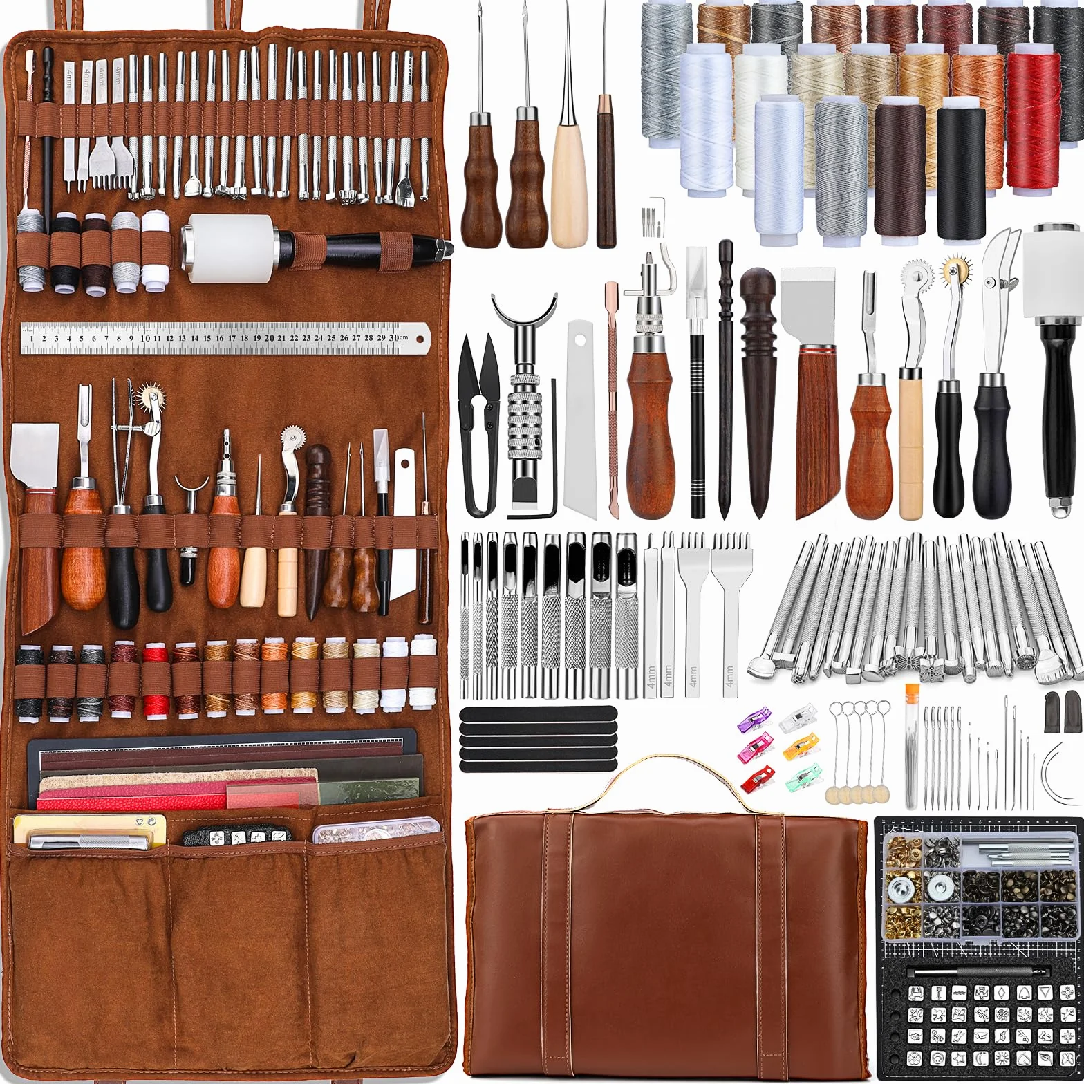 TLKKUE Kit de herramientas de cuero, herramientas de artesanía de cuero, kit de trabajo de cuero con alfombrillas de corte de bolso personalizadas, grabado, perforación, costura, estampado,