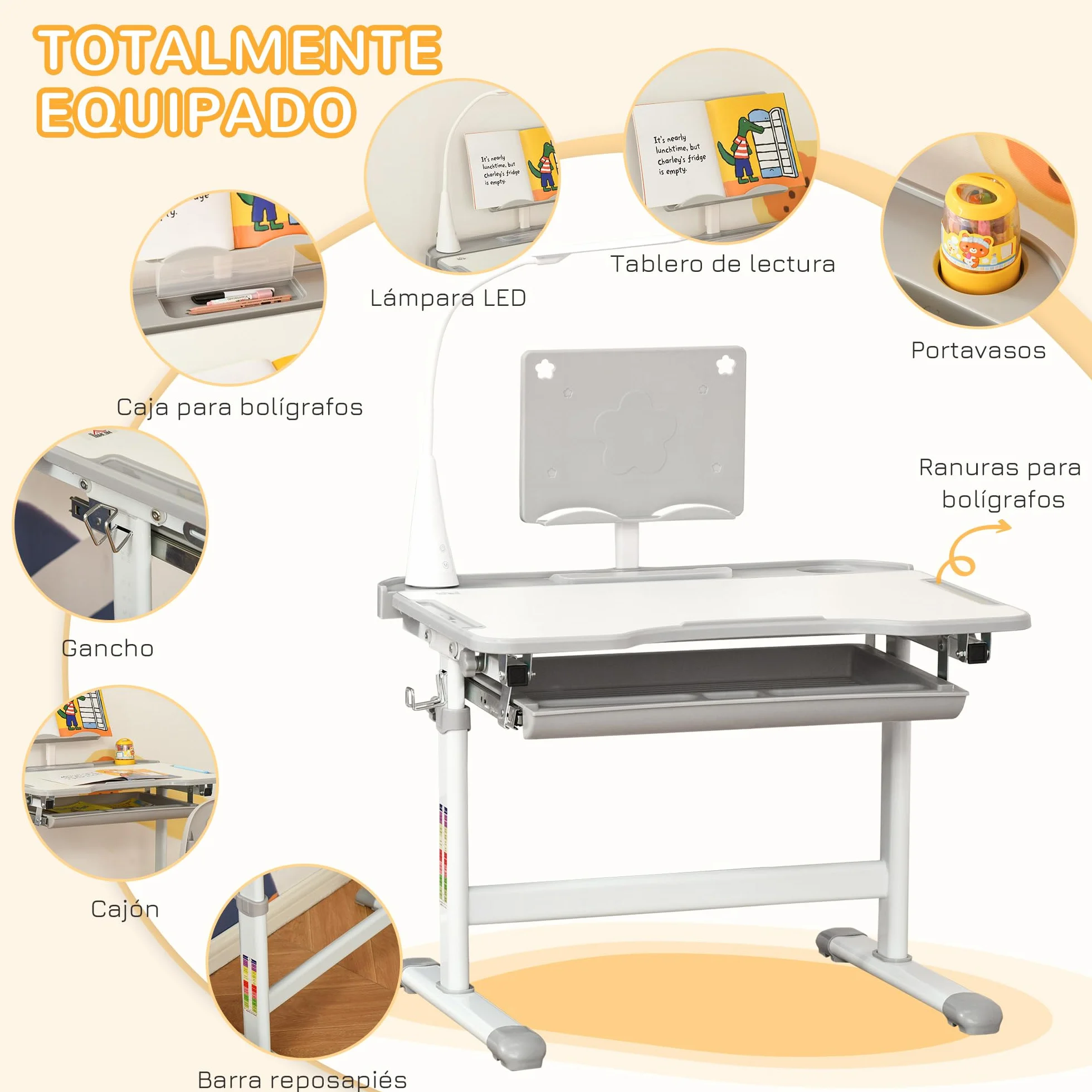 HOMCOM Juego de Escritorio y Silla para Niños +6 Años Pupitre Infantil Altura Ajustable Mesa Inclinable Gris