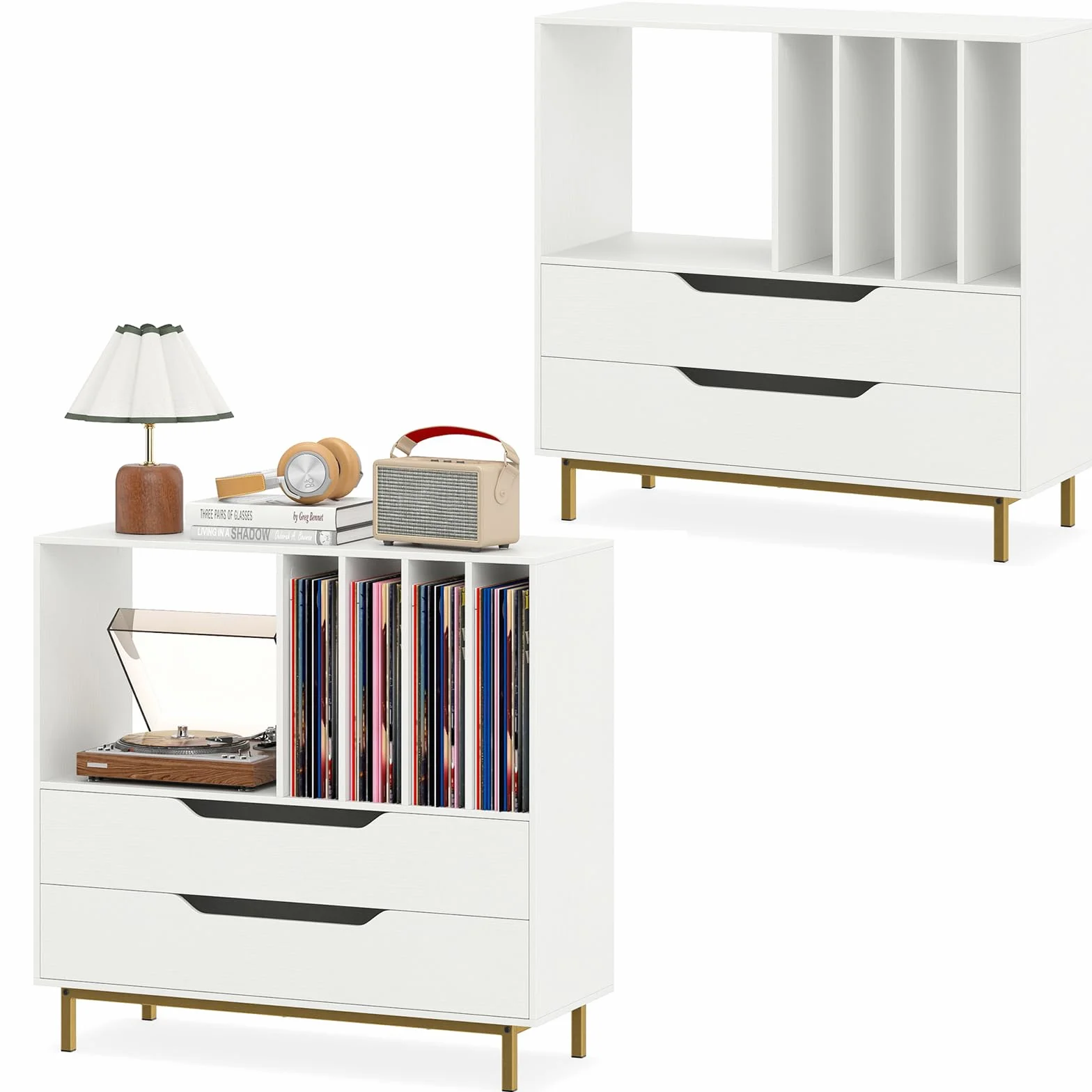 KOMFOTTEU Mueble para Tocadiscos con Compartimento Abierto y 2 Cajones, Soporte de Discos de Vinilo con Patas de Metal, Expositor para Discos para Dormitorio, Salón, Estudio, 91 x 36 x 87 cm (Blanco)