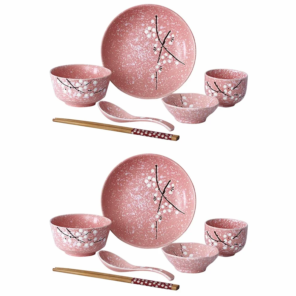 HEMOTON Juego de vajilla Japonesa de cerámica con Cuencos, Platos, cucharas, Palillos, platillos para el hogar, vajilla para Boda, Navidad, casa, Regalo de Calentamiento Rosa