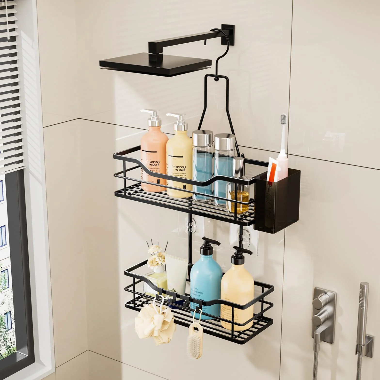 HapiRm Organizador colgante para ducha, organizador de baño de 2 niveles con gancho superior giratorio de 360° y 4 ganchos, estante de ducha negro inoxidable para champú, acondicionador y