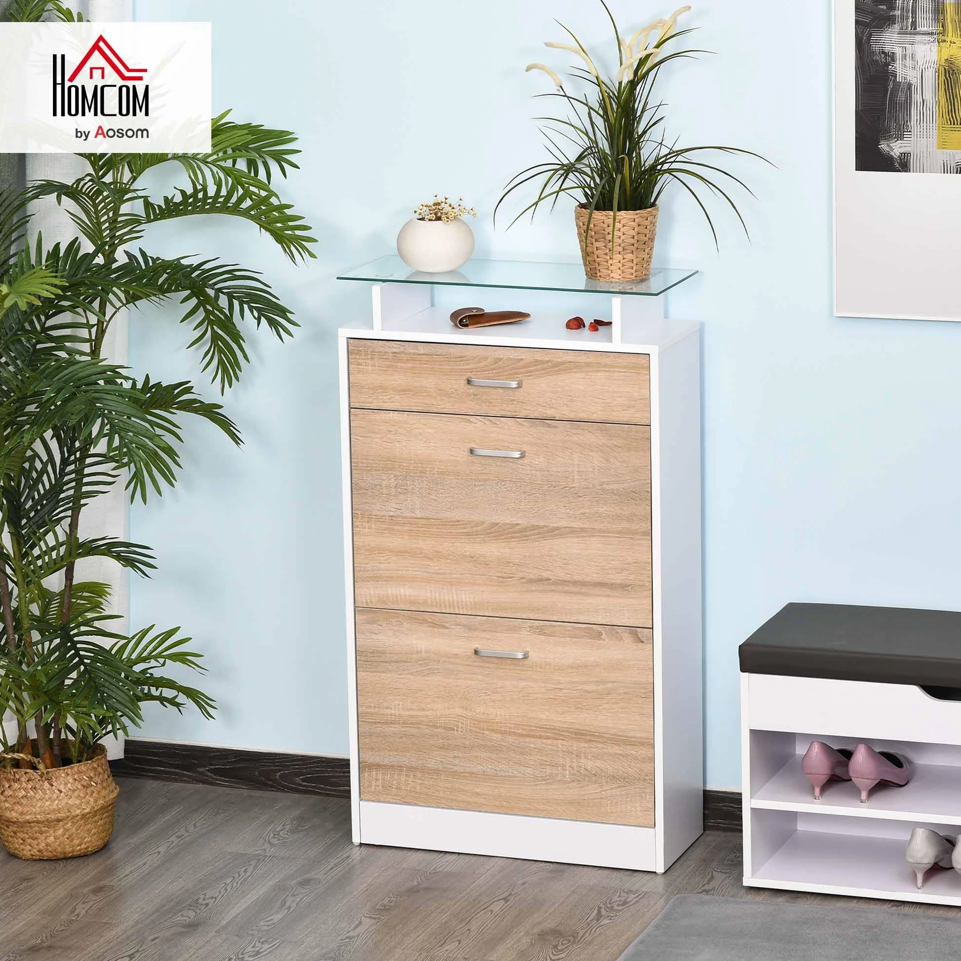 HOMCOM Mueble Zapatero Armario Zapatero con 3 Cajones Estante de Vidrio y Asa de Aluminio para Pasillo Entrada Carga 50 kg 60x24x105,5 cm Natural