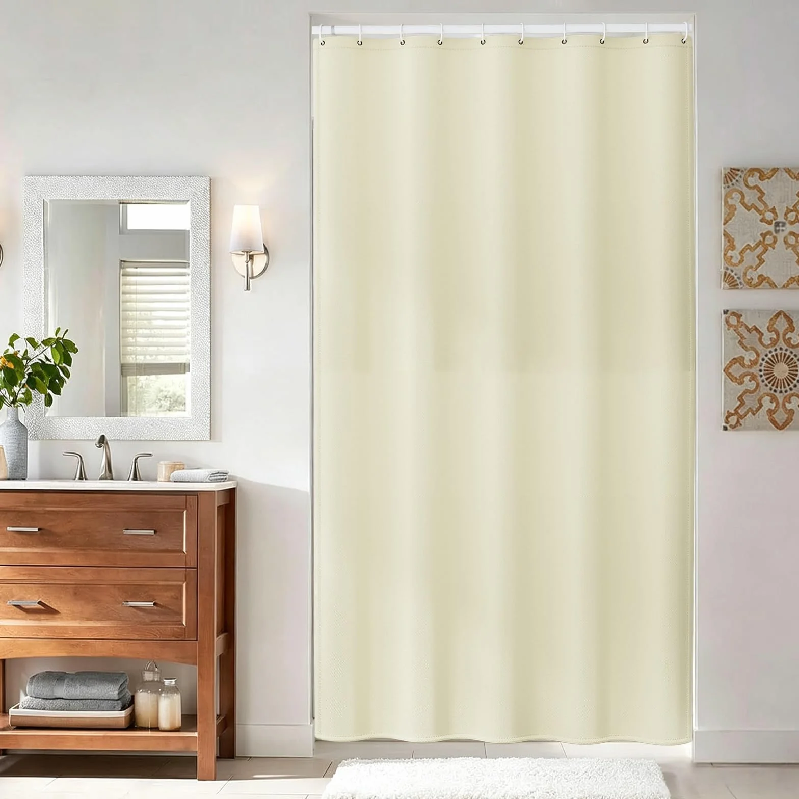 Cortina de Ducha de Tela 240 x 150 cm Cortina de Ducha Resistente Al Moho - Antimoho, Impermeable, Lavable, de Poliéster con Ojales y Anillos, para Baño, Bañera, Color Crema