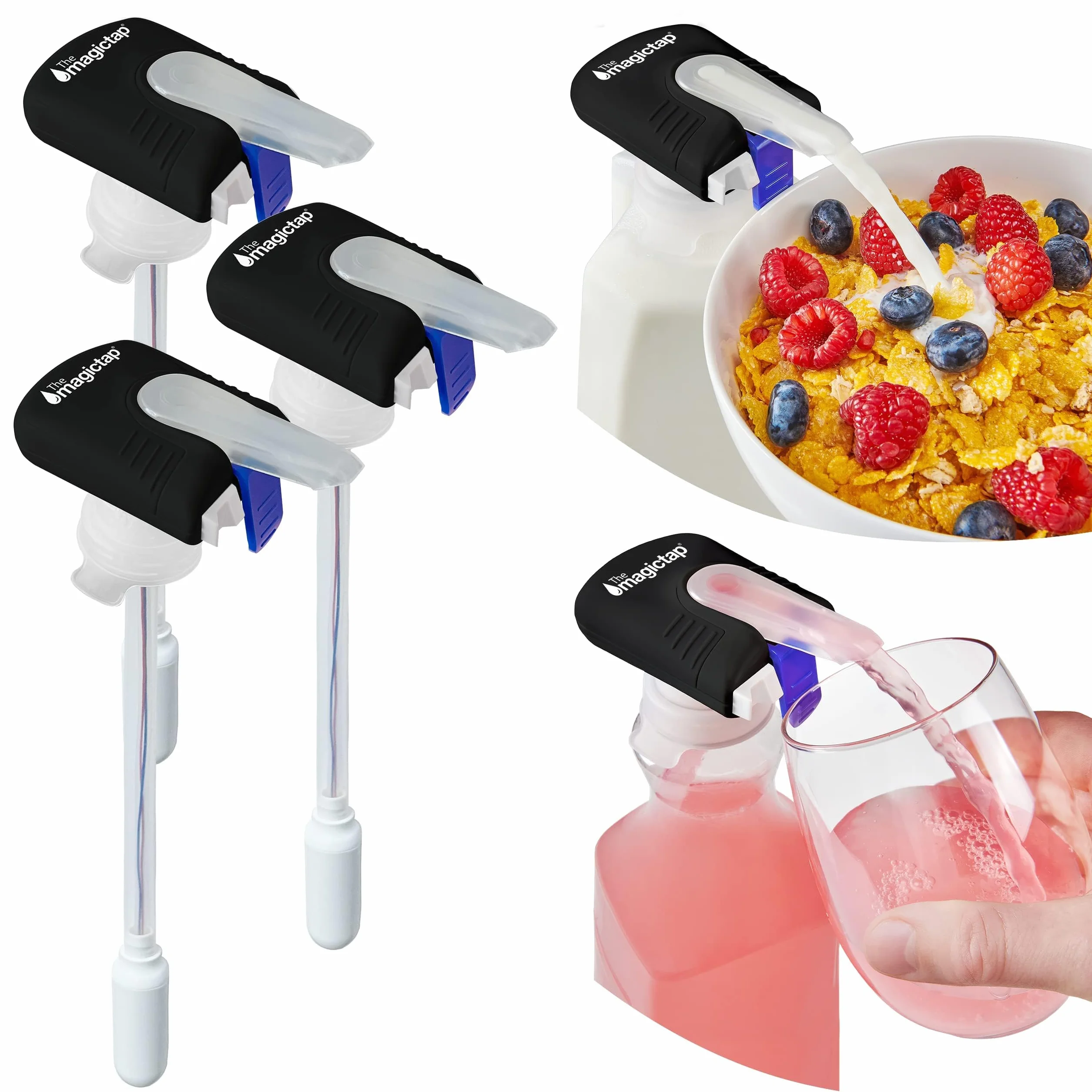 The Magic Tap Dispensador automático de bebidas, dispensador de bebidas manos libres para refrigerador, perfecto para leche, jugo, regalos para mujeres y hombres, paquete de 3, color negro