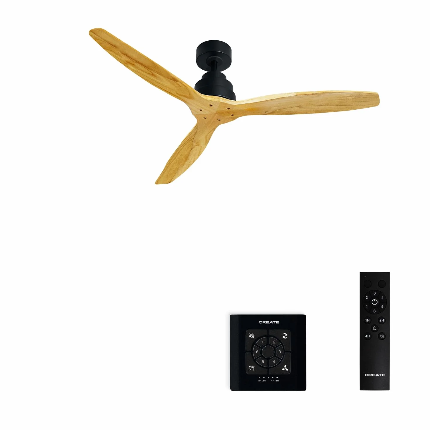 CREATE / WINDSTYLANCE NATURAL WOOD/Ventilador de techo negro aspas madera natural con controlador y mando / 40W, Temporizador, Ø132 cm, 6 velocidades, verano-invierno, doble altura
