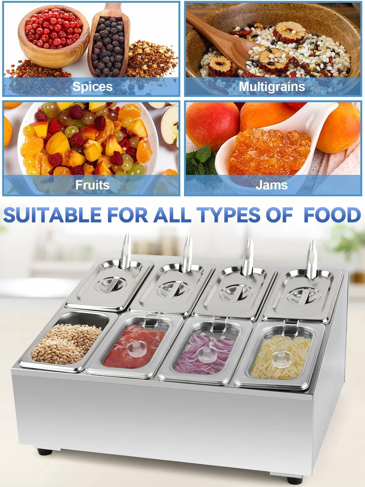 TOROKOM Recipiente para pizza, de acero inoxidable, con tapa, cucharas, soporte inclinado para bufé, salsas, mermeladas, frutas, ingredientes de cocina (2 filas y 8 bandejas)