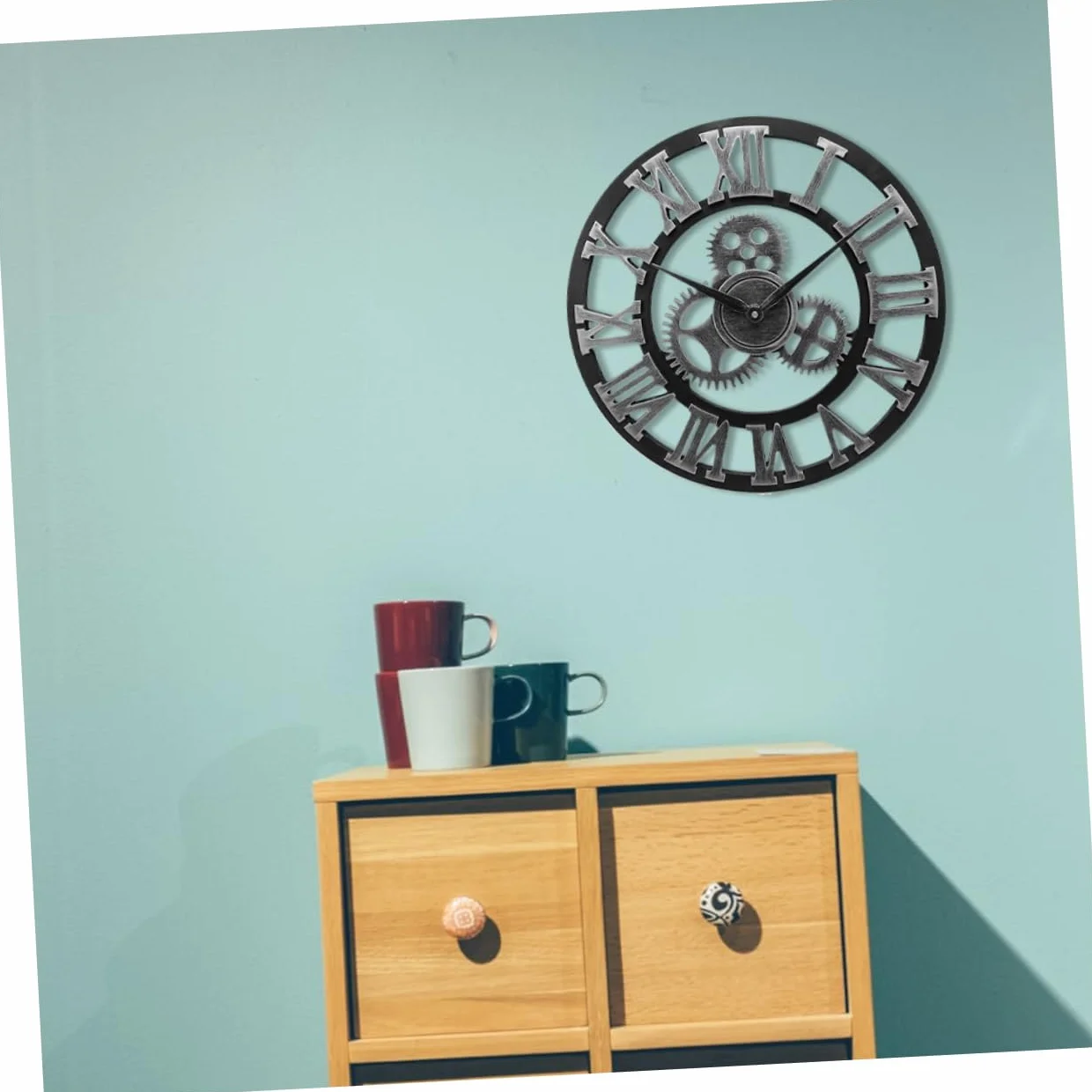 PRETYZOOM Reloj de Pared Diseño Original Estilo Industrial de 34 Cm en Madera Color Plata, Fácil de Instalar y Quitar para Salón u Oficina