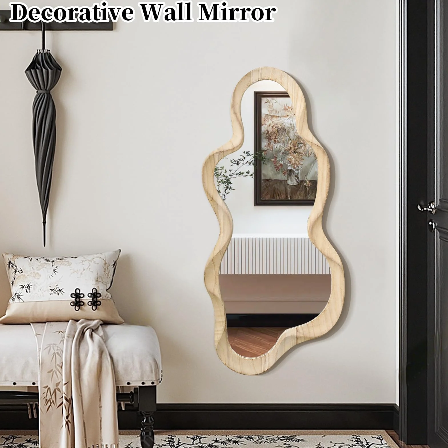 Espejo asimétrico para decoración de pared, gran espejo de pared moderno con marco de madera, forma única, espejo artístico montado en la pared, decorativo para sala de estar, dormitorio, baño