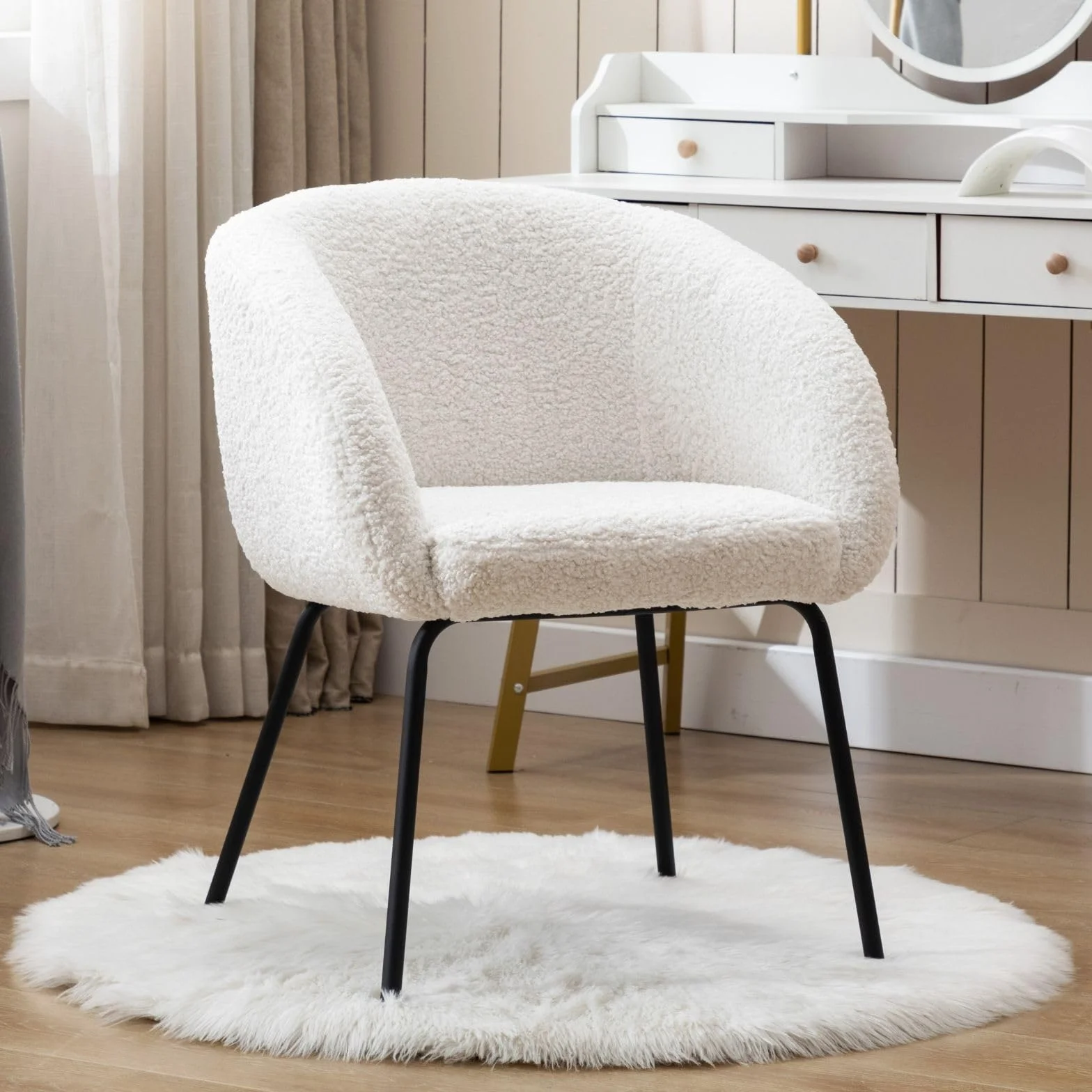 chairus Silla de Tocador con Respaldo Curvado Silla Tapizada de Lana Sintética, Sillón de Salón con Patas Negras Butaca Moderna para Tocador/Dormitorio, Blanco