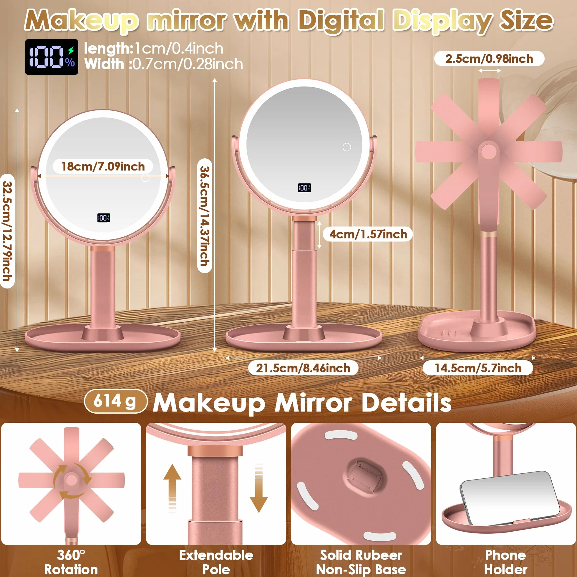 MIYADIVA Espejo de maquillaje con luces, espejo de aumento 30X/1X con pantalla digital, espejos de mesa de altura ajustable, desmontable para viajes, espejos de tocador con soportes para teléfono, oro