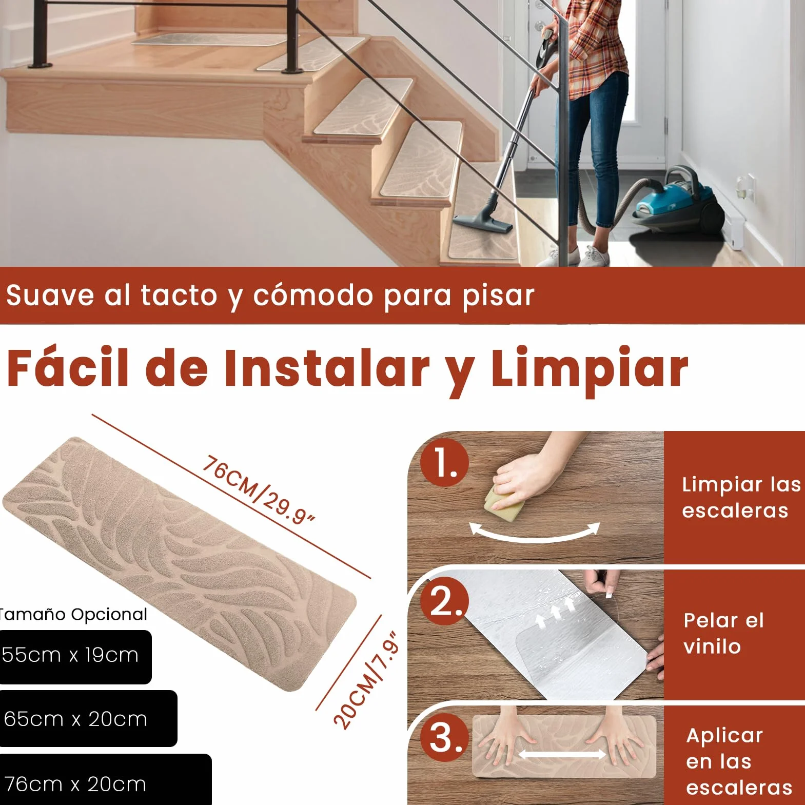 Alfombrillas para Escaleras Antideslizantes, 15 Alfombrillas Autoadhesivas Escalones Interiores, Recortables y Reutilizables - Protección para Mascotas, Mayores, Niños (Beige, 76x20 cm)
