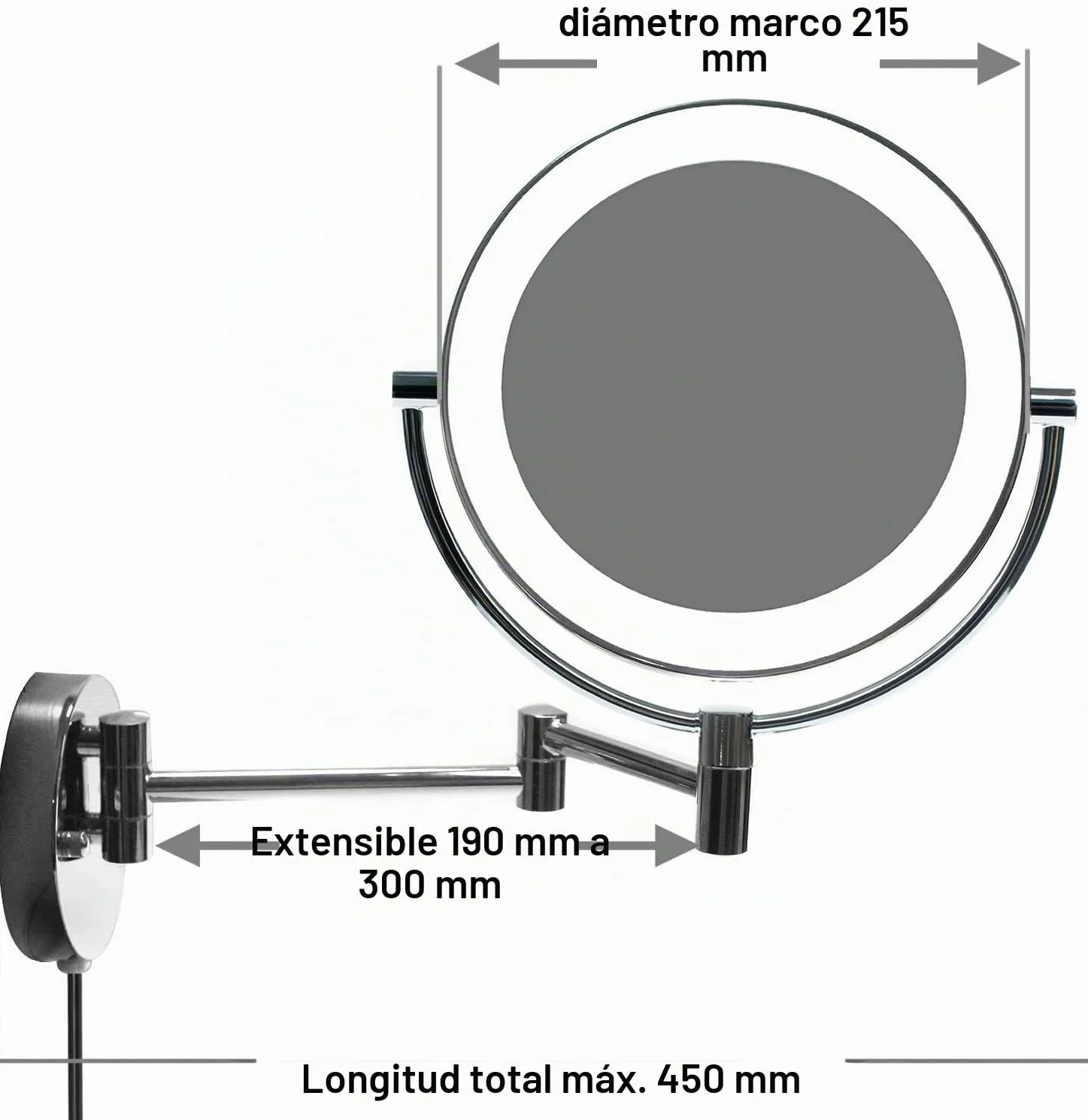 LED Cosmética Espejo 8,5 Pulgadas 10X Aumentos, Maquillar Espejo de Pared con Luz y Brazo Articulado, Plegable Espejos Afeitar Iluminado para Baño de Cara Doble, Metal Real Cromado KXD3129-10x