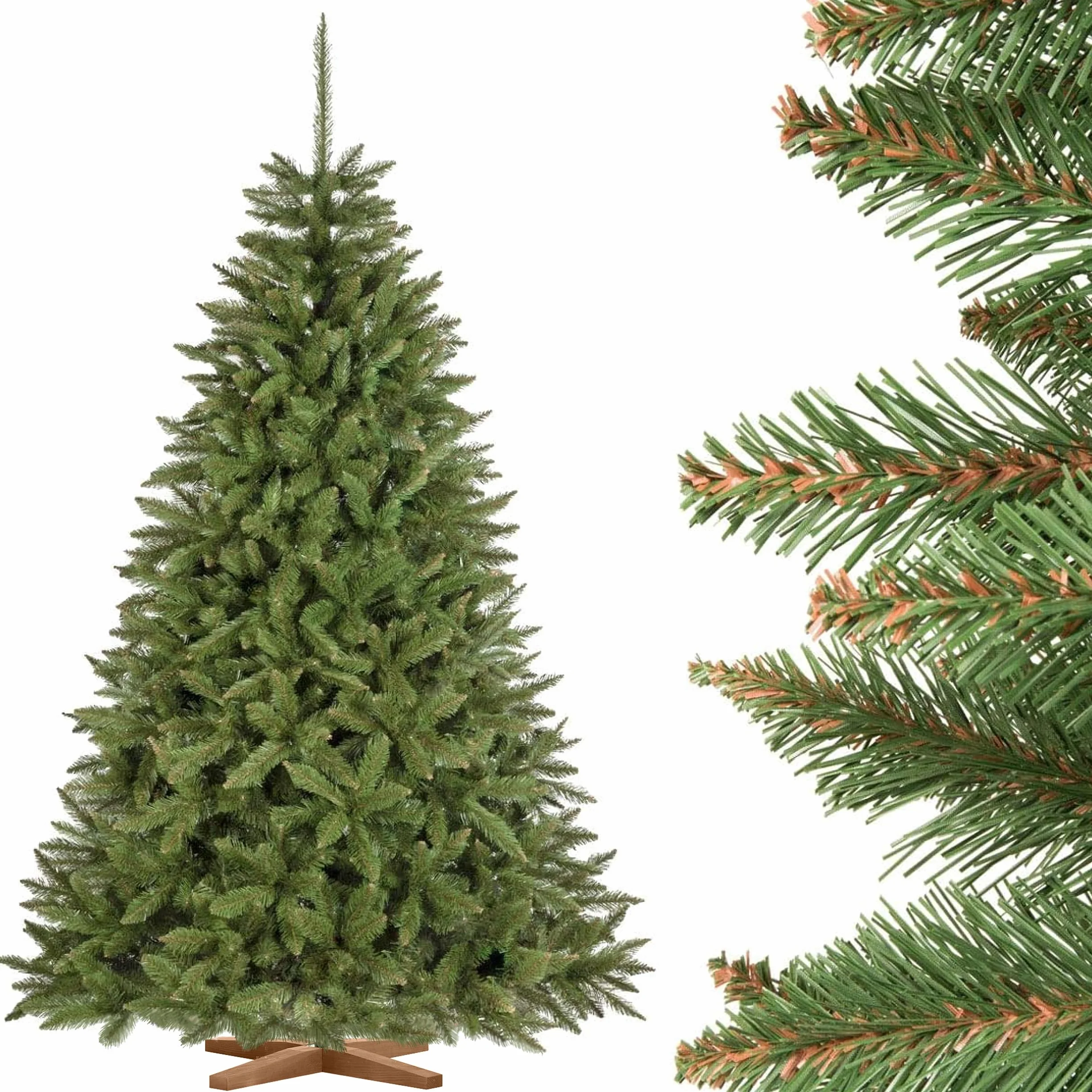 FairyTrees árbol de Navidad Artificial 220cm Abeto Natural con el Soporte de Madera | árbol Artificial con el Tronco Verde | Fabricado en EU