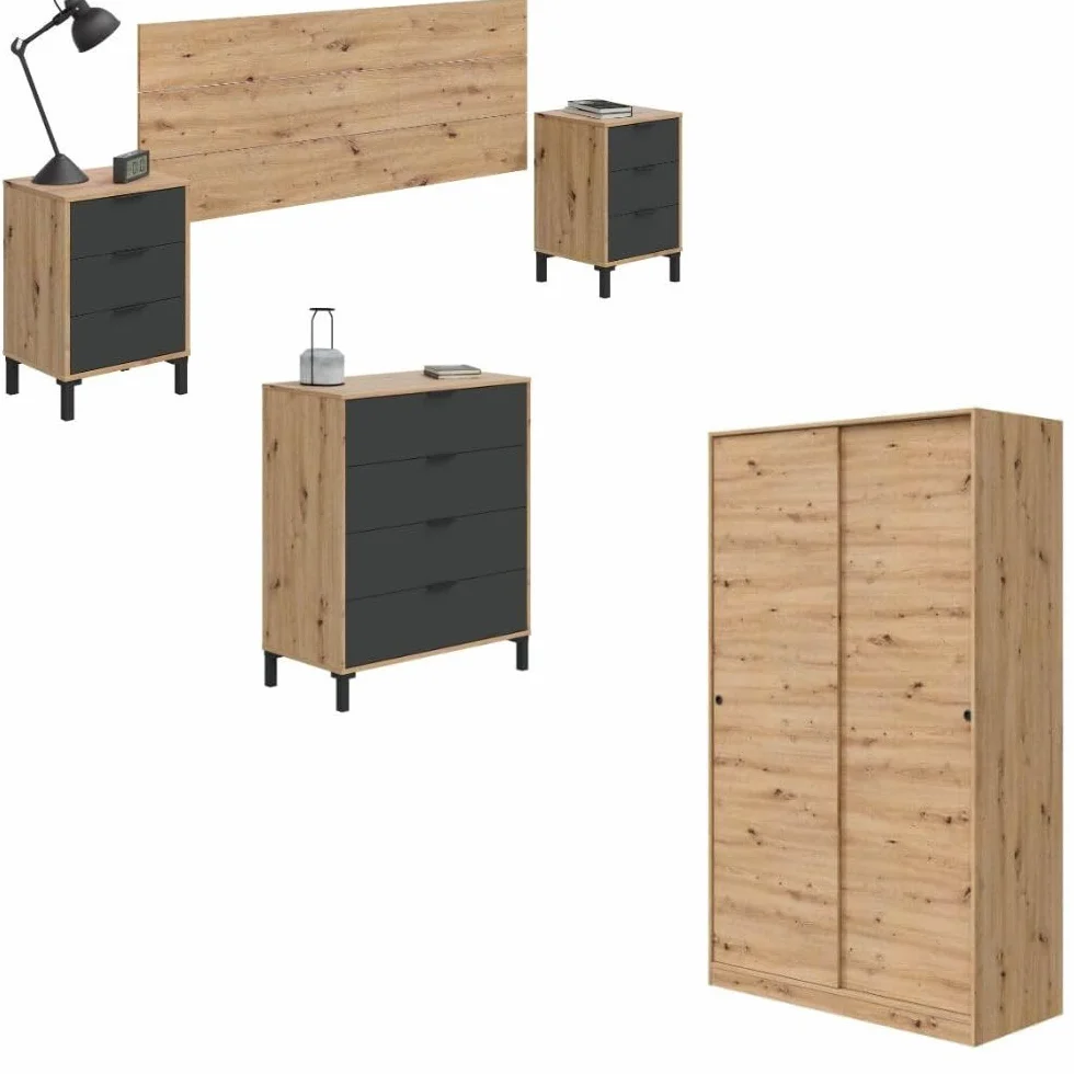 Mobelcenter, Conjunto Dormitorio Matrimonio Enzo, Color Roble Nodi y Grafito, Cabezal para Camas de 135 y 150 cm, 2 Mesitas de 3 cajones, Armario 2 Puertas Correderas y Cómoda de 4 cajones (P0076)