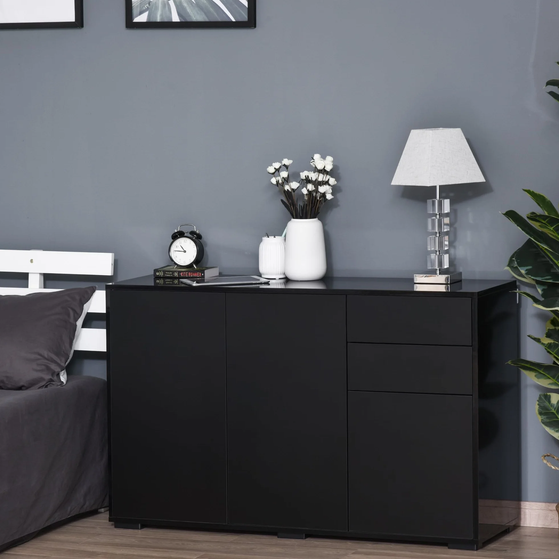 HOMCOM Aparador para Salón Aparador de Entrada con 3 Puertas 2 Cajones y Estante Ajustable Armario de Almacenamiento para Cocina Sala 117x36x74 cm Negro