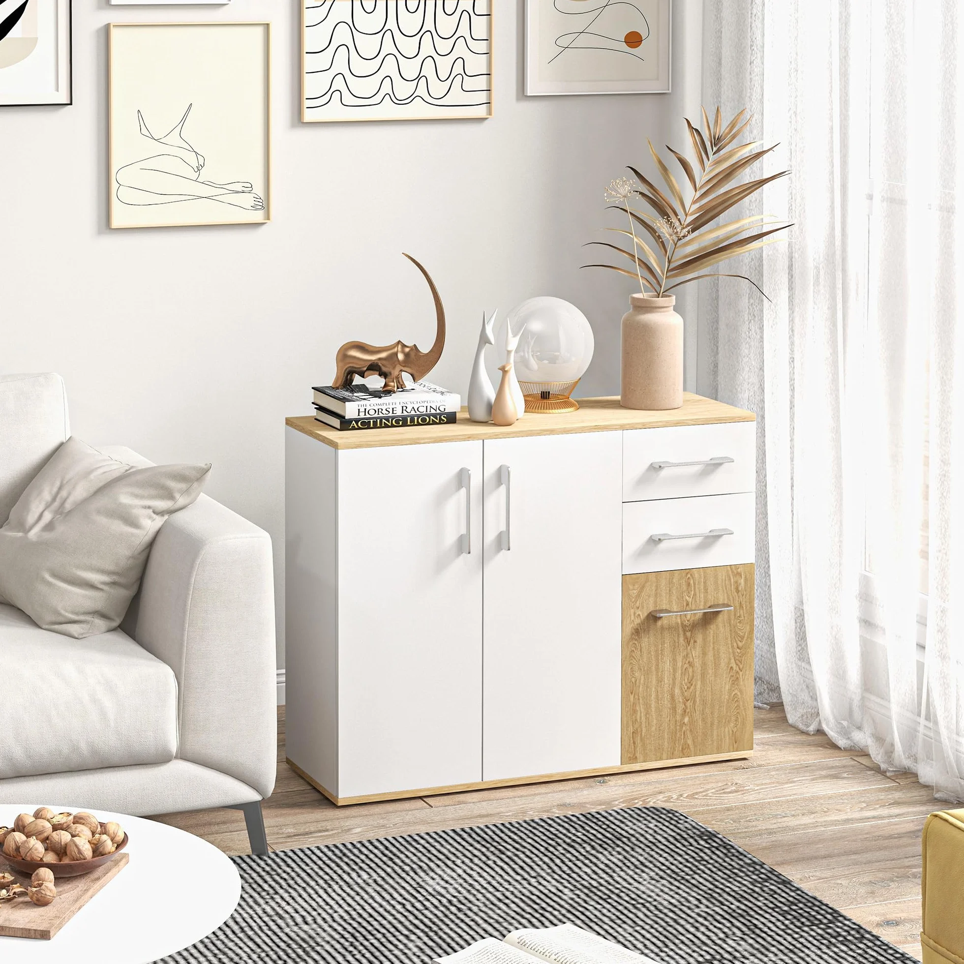 HOMCOM Aparador de Salón Moderno con 2 Cajones y 2 Armarios 90x30x75,5 cm Blanco y Natural