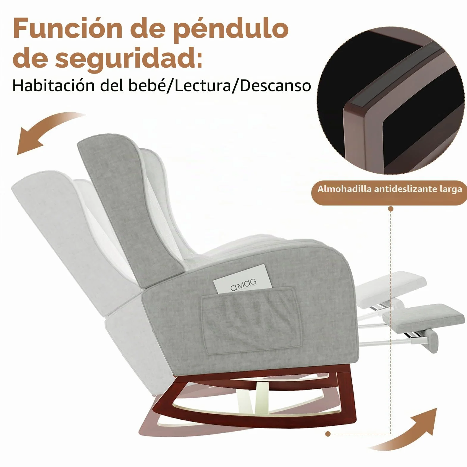 Silla Mecedora con reposabrazos y Bolsillos Laterales, Patas de Madera Maciza, Silla de relajación para Lactancia, Adecuada para Sala de Estar y Dormitorio, con cojín Acolchado (Gris)