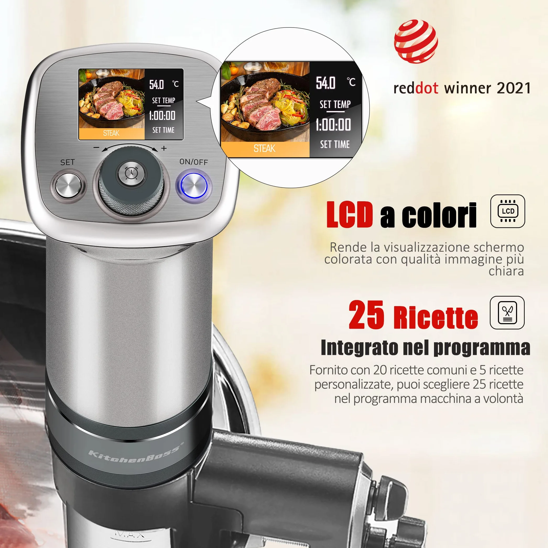 KitchenBoss Sous Vide Roner Cocina a baja temperatura 1100 W, IPX7 impermeable, de acero inoxidable