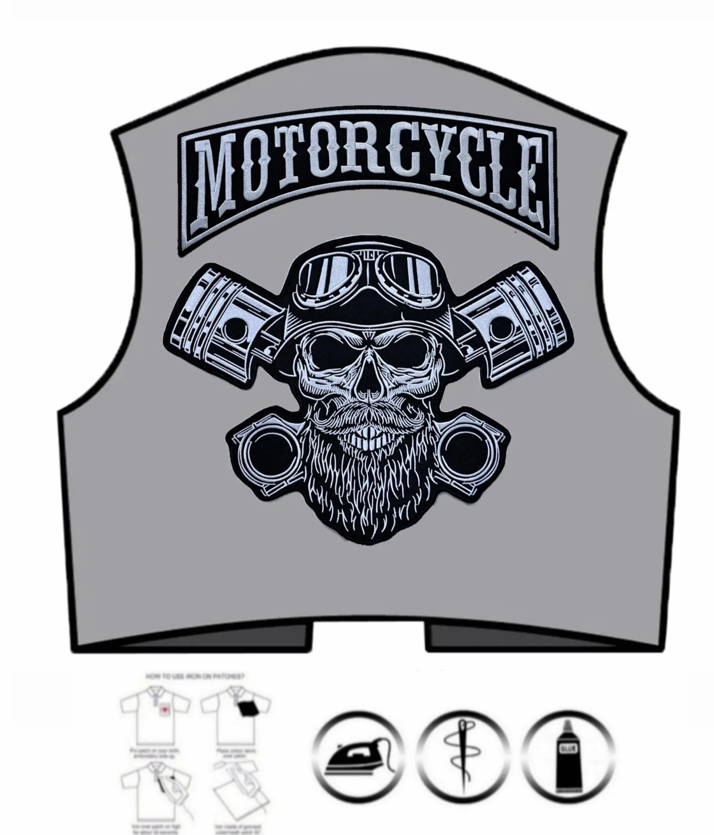 Juego de 2 parches bordados Biker "Motorcycle" + Punck Skull XXL parches termoadhesivos para chalecos y chaquetas de moto, para decorar chaquetas de moto, bordado en accesorios de ropa, manualidades.