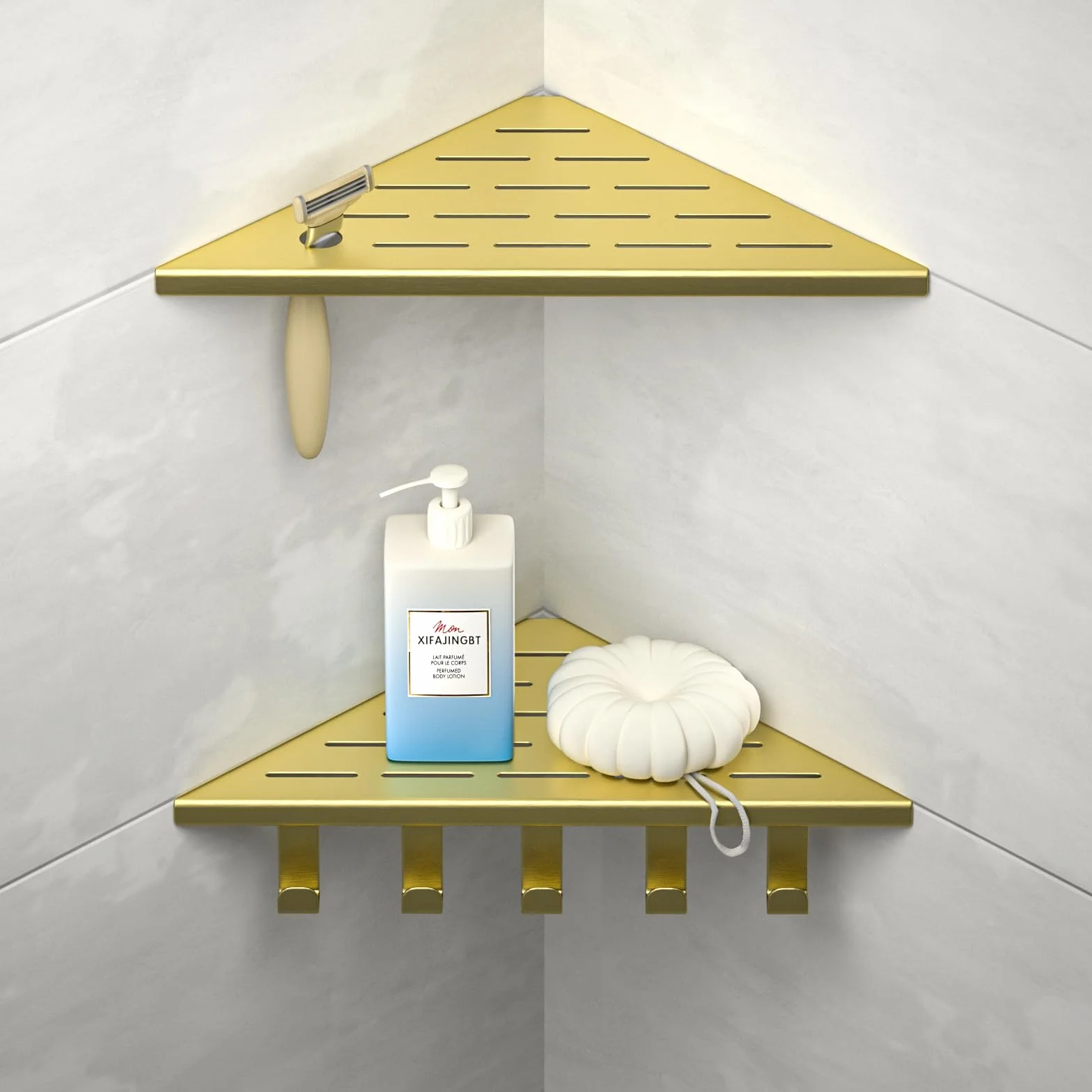 Estantería esquinera de Ducha con Ganchos de Acero Inoxidable 304, para Paredes de Azulejos, empotrable, para renovación de baño,el Dorado | Estante de ducha de 25,4 cm para renovación de baño, estante de esquina para pared de azulejos, color dorado