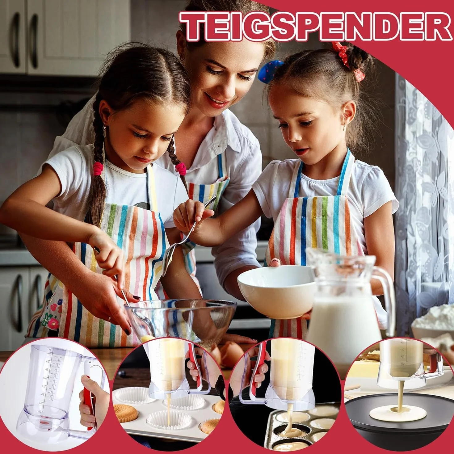 Dispensador de Masa 900ML Transparente con Escala para Muffins, Panqueques, Gofres