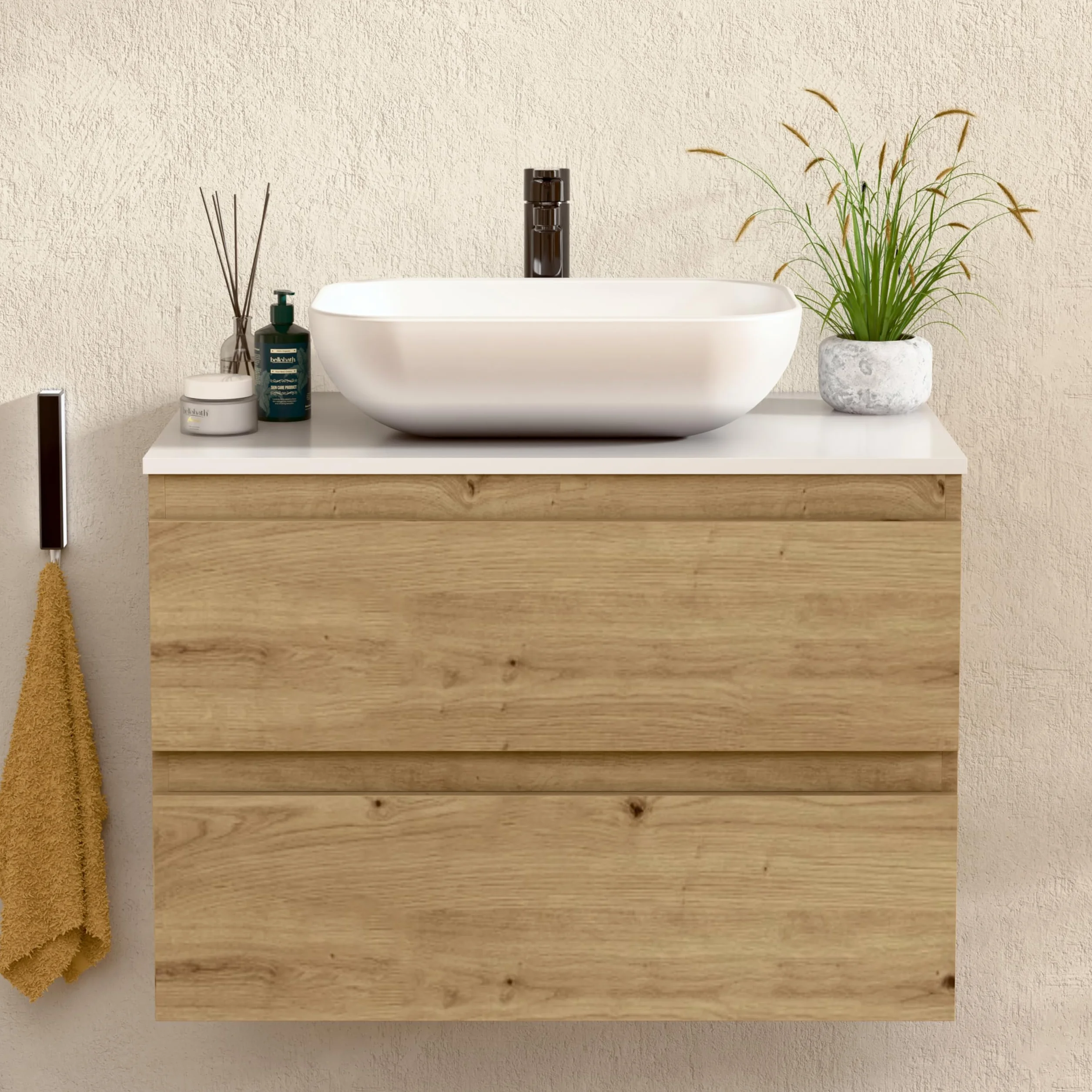BELLOBATH - Mueble Baño Suspendido con Lavabo de Cerámica, Mueble Baño con Lavabo Montado con 2 Cajones, 60 x 55 x 46 cm, Mueble Roble y Tapa Blanca