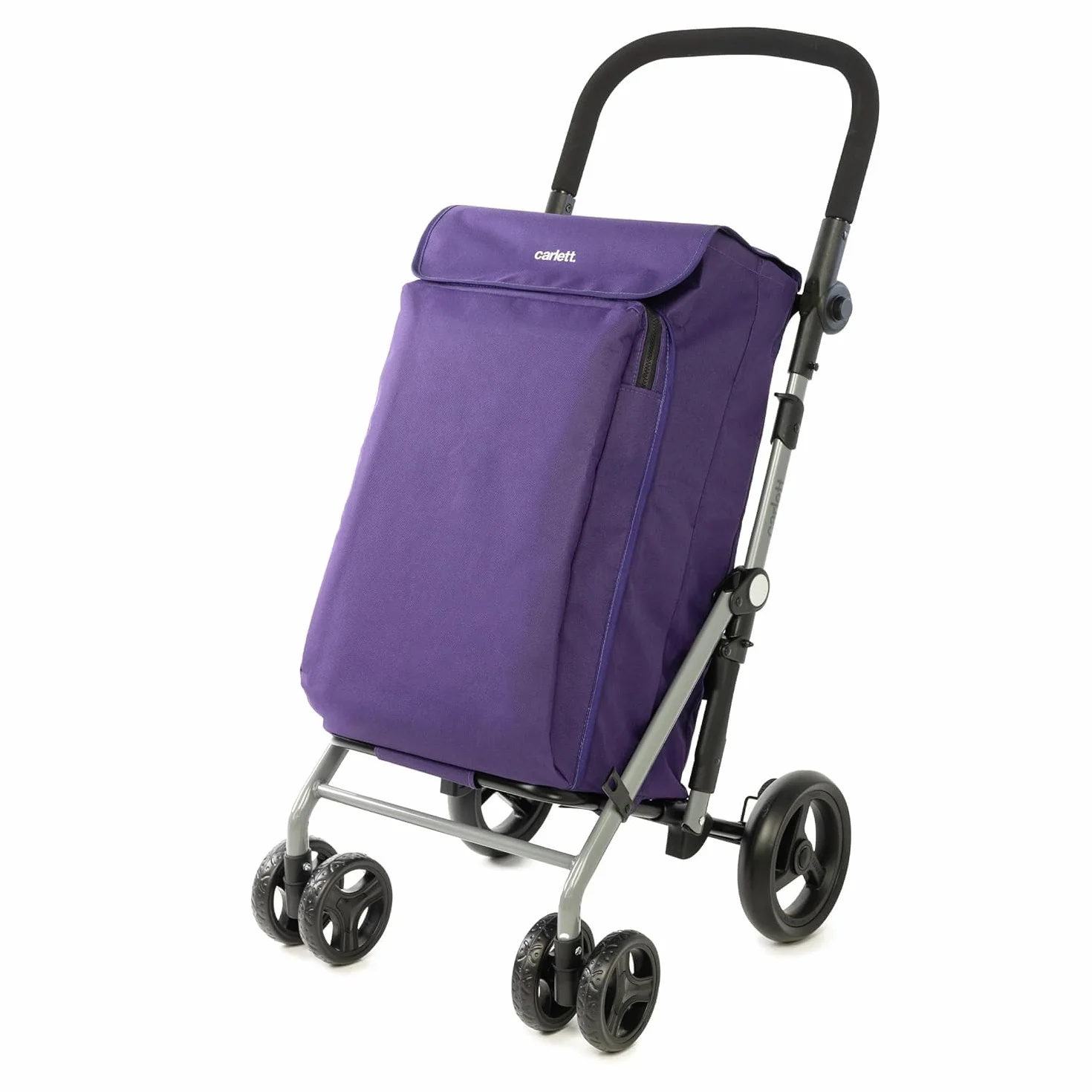Carlett Carro de Compra 4 Ruedas Plegable, Bolsa Extraíble de Gran Capacidad 58L/32Kg y Bolsa Isotérmica 12L, Manillar Regulable, Freno de Seguridad, Convertible a 2 Ruedas, Lite Family, Color Morado
