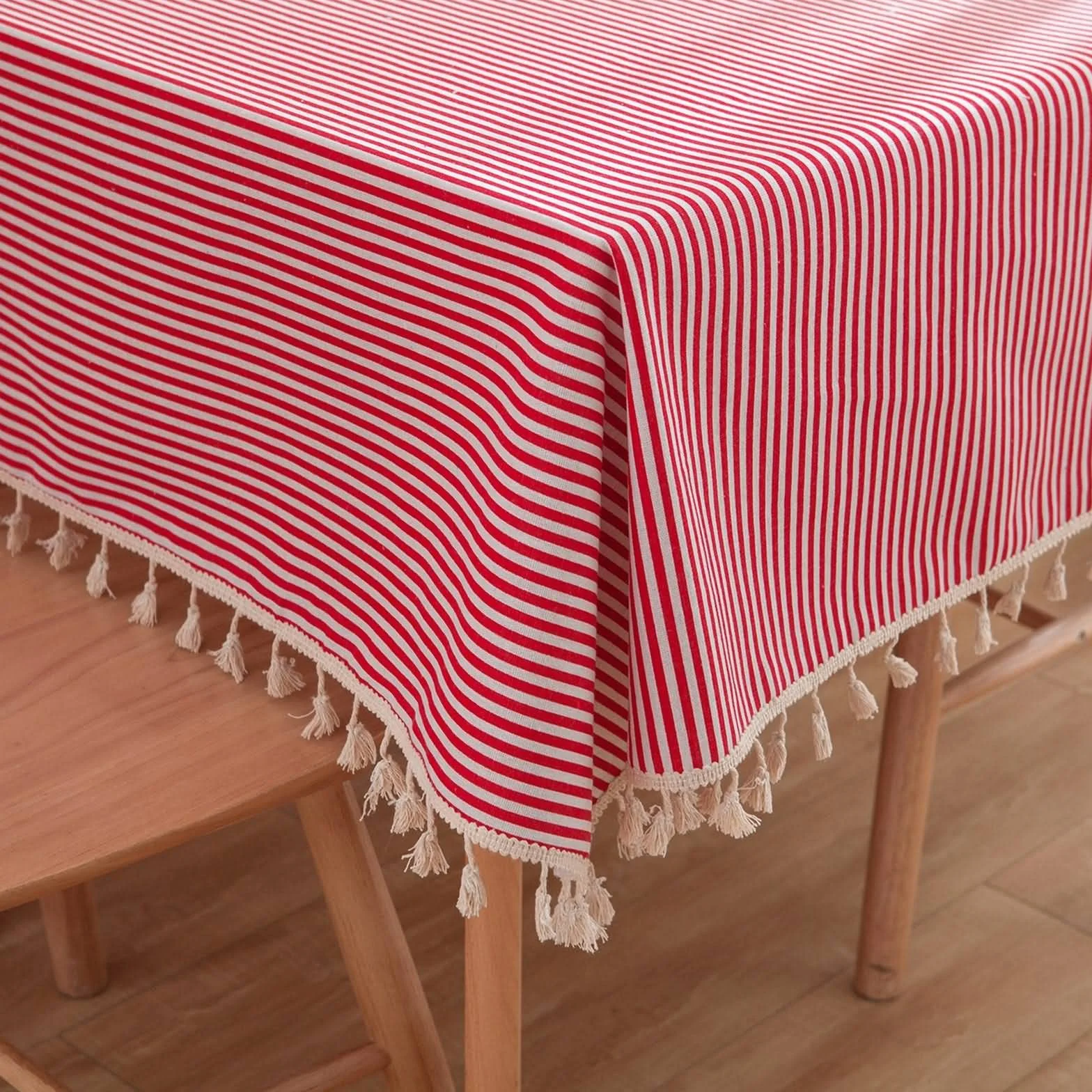 Mesa Centro - Repisa de leña a rayas con borla de macramé antimanchas, mantel y servilletas, camino de mesa elevable pequeño, algodón, decoración protectora, 140 x 160 cm, rojo y blanco