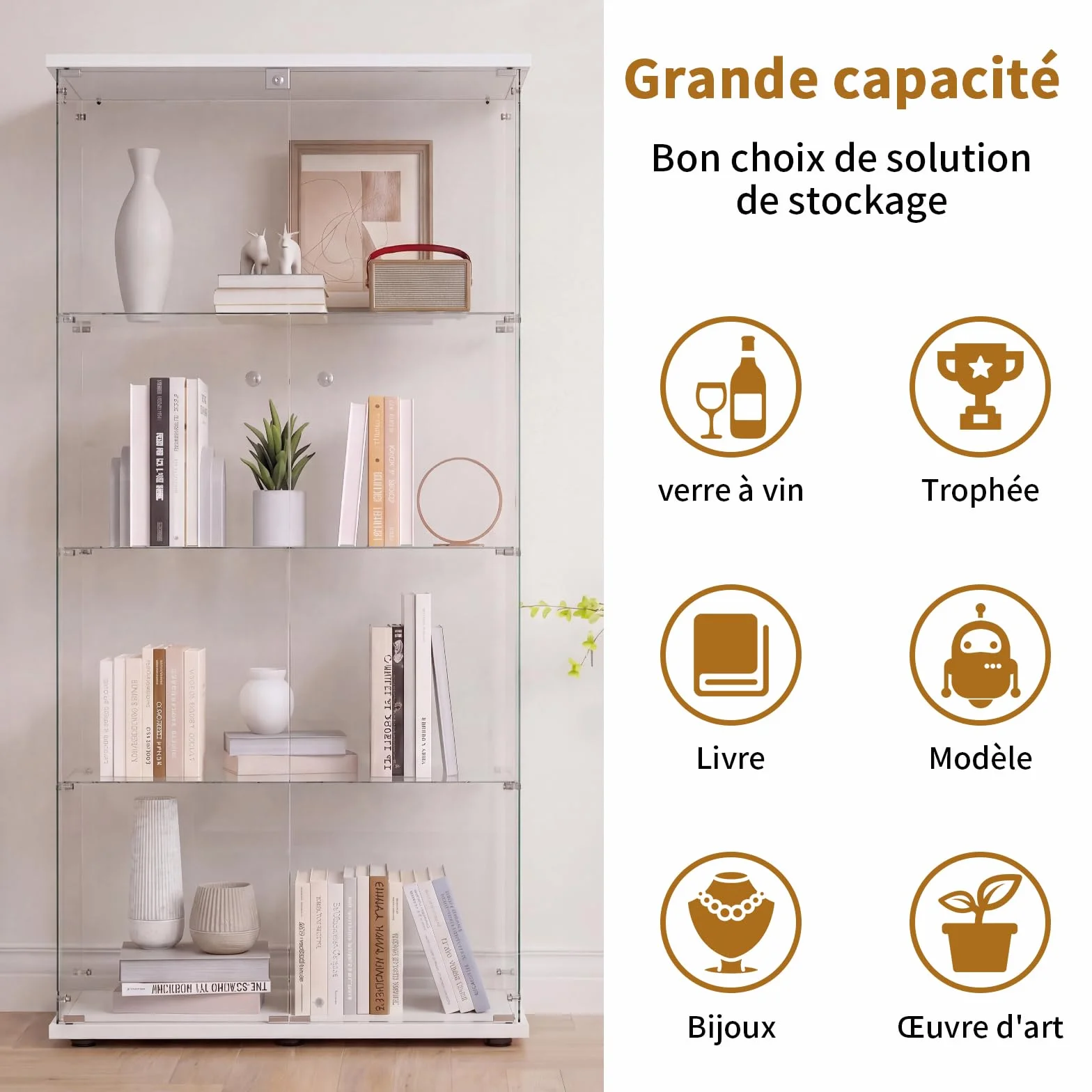 DADEA Vitrina Cristal 4 Estantes y 2 Puerta, Vitrina con Cerradura, 36,5 x 80,5 x 164cm, Columna Expositora Vidrio MuebleVitrina Expositora Armario Vidrio VitrinaExpositora AltaVitrina Suelo, Blanco