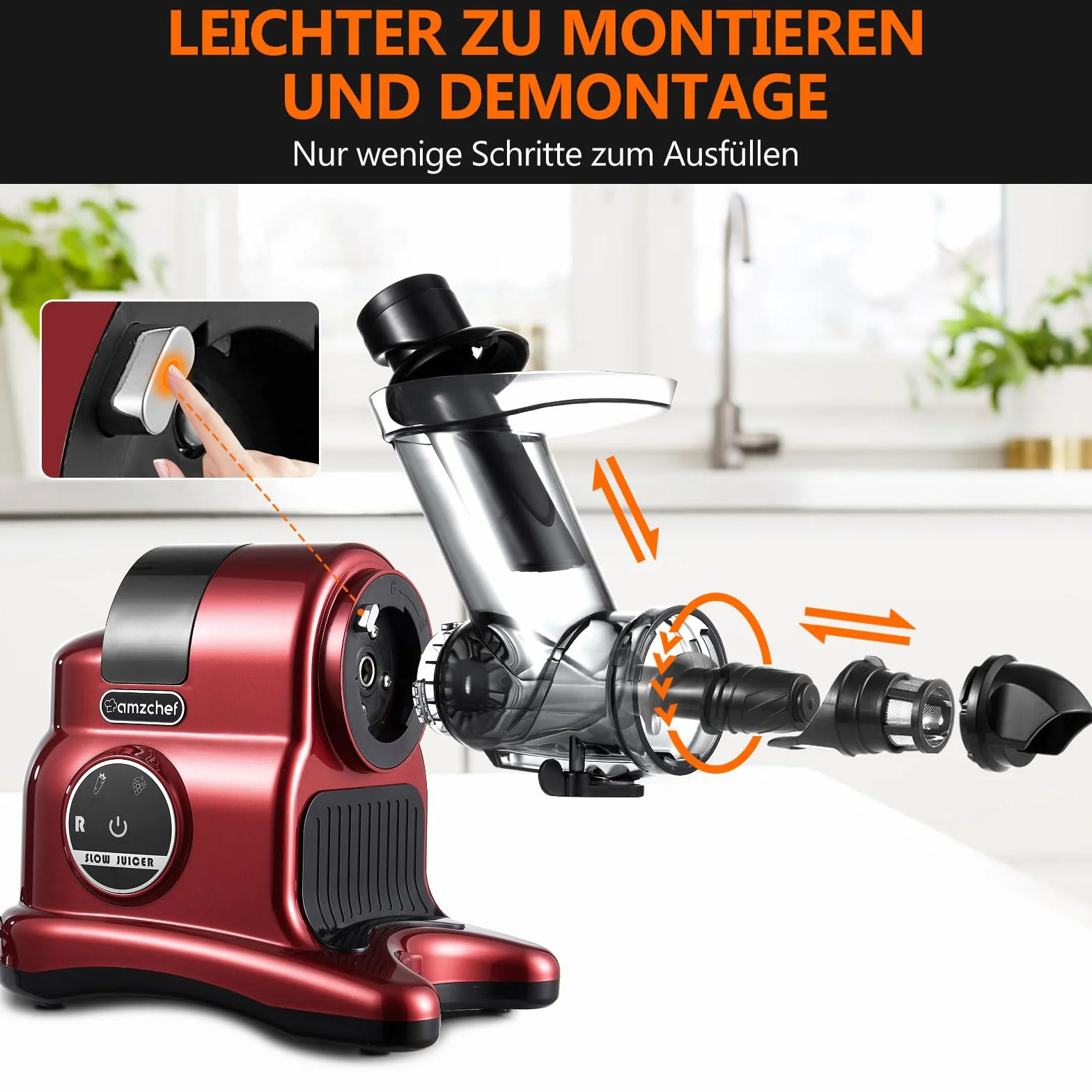 AMZCHEF 80MM Exprimidor grande - exprimidor lento con 2 velocidades y función de rebobinado - Exprimidor de 150 W para verduras y frutas enteras Test Winner -Rojo