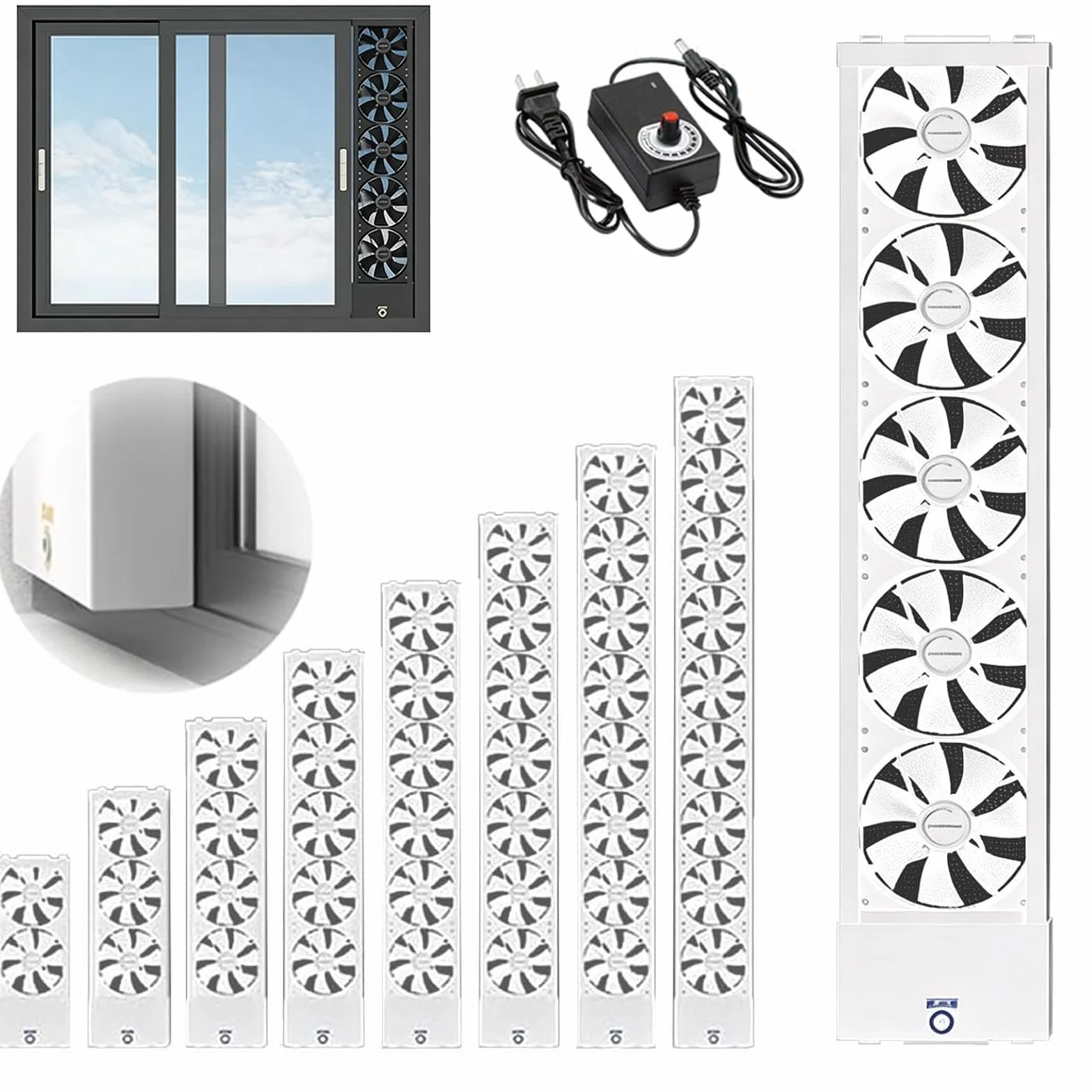 Ventilador de ventana vertical para ventanas corredizas, ventilador reversible de ventana de escape y admisión de flujo de aire, ajuste ajustable 35–150cm (13.8–59in), control de velocidad sin