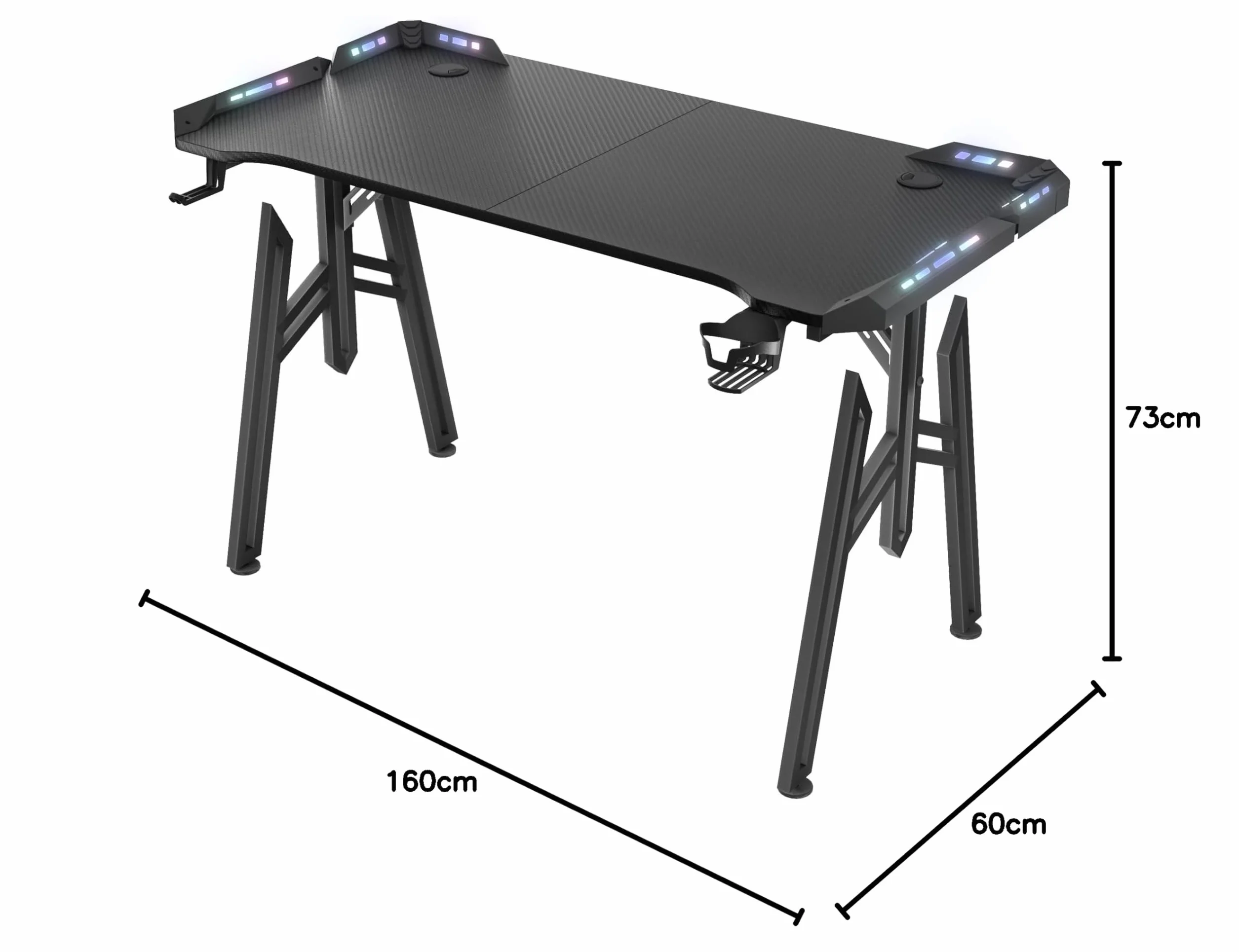 NAIZY Mesa de gaming 160 cm LED escritorio incluye soporte para auriculares, soporte para vaso de agua y orificio para cable, mesa de ordenador de fibra de carbono para PC Gamer, en marco M