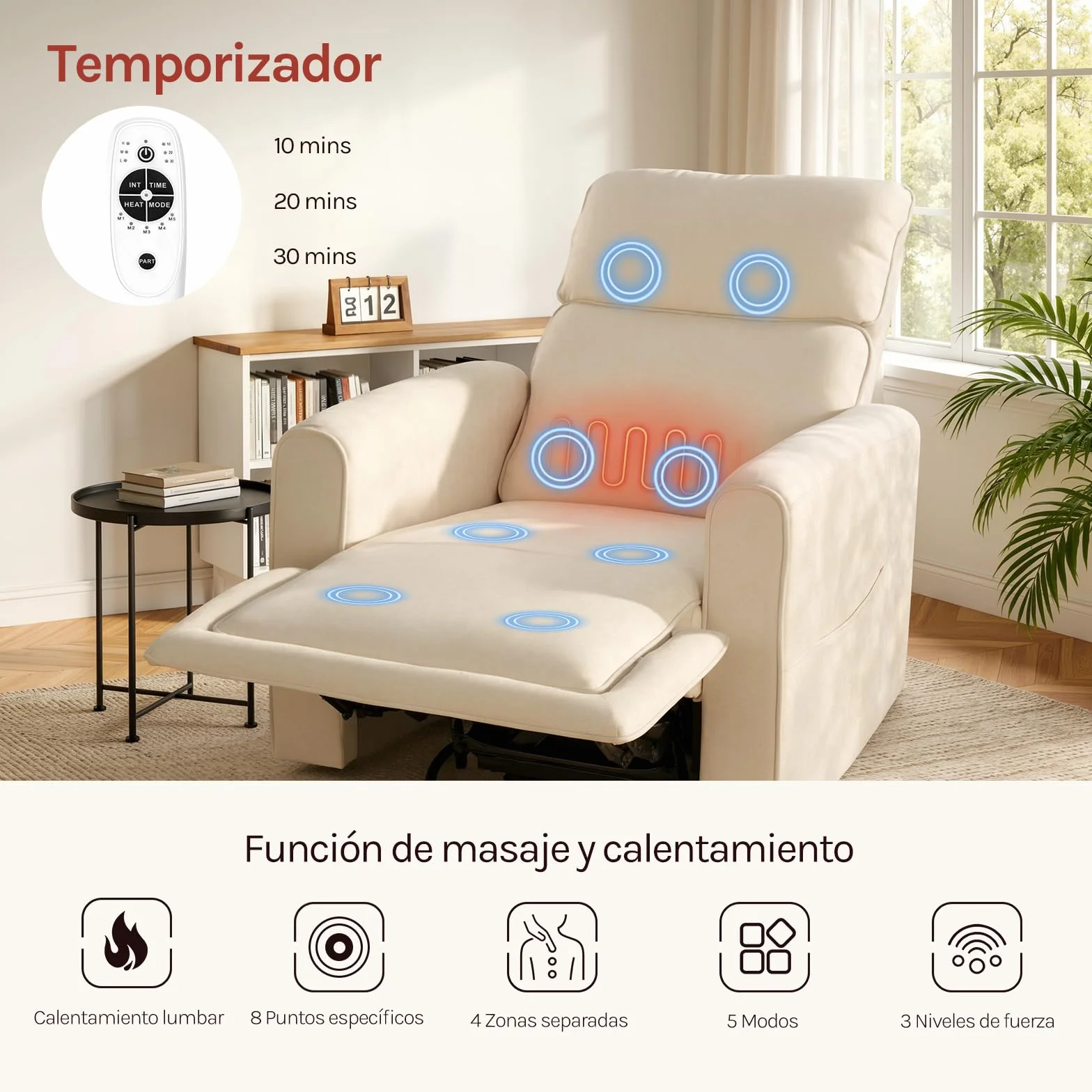 WOLTU Sillón Relax Reclinable, Sillón de Masaje con Calefacción de Masaje, Reposapiés, Bolsillos, Portavasos, Puerto USB, Tapizado en Tela Chenilla, Capacidad de Carga 150 kg, Beige
