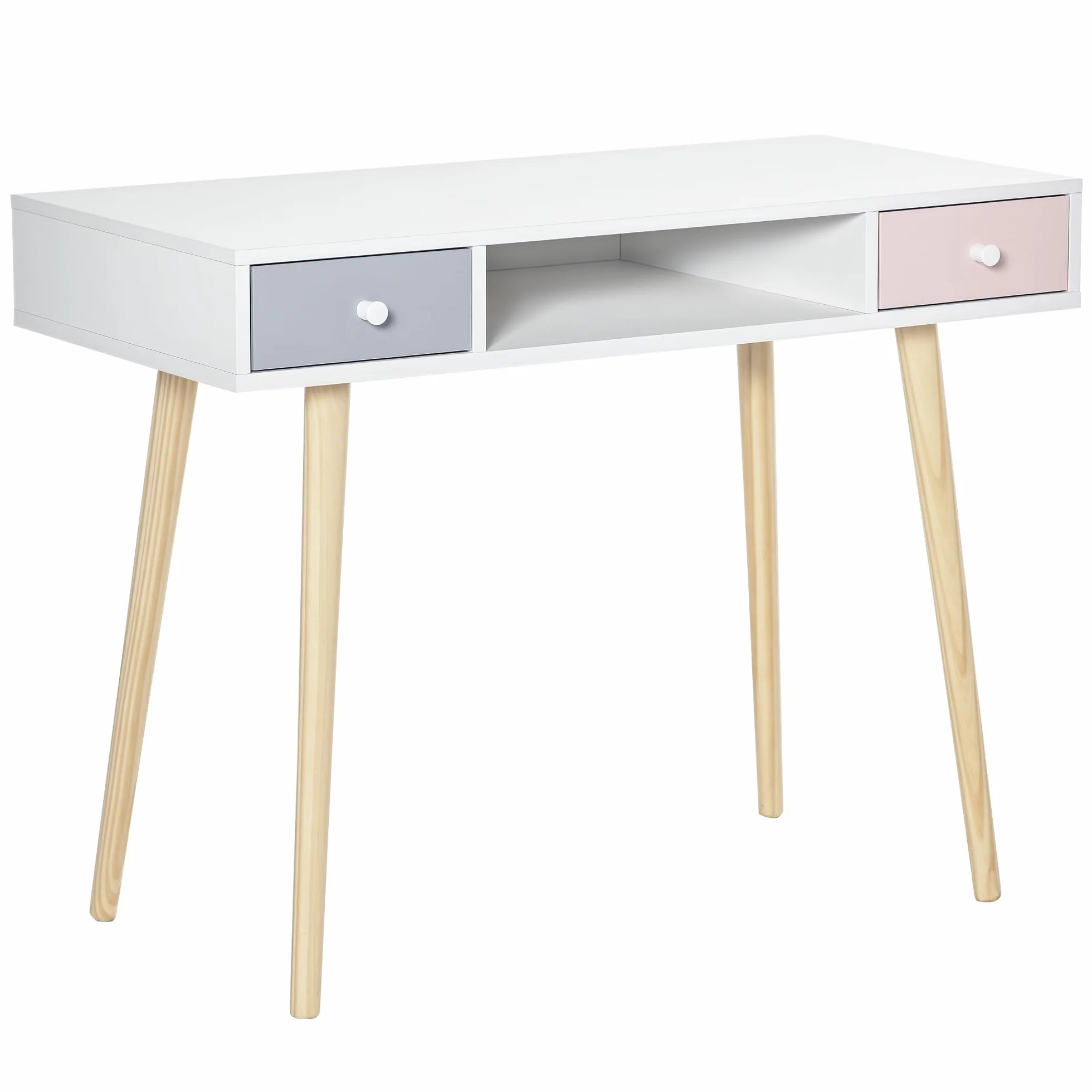 HOMCOM Mesa de Escritorio Infantil con 1 Compartimento Abierto y 2 Cajones Estilo Nórdico 100x48x76,5 cm Multicolor