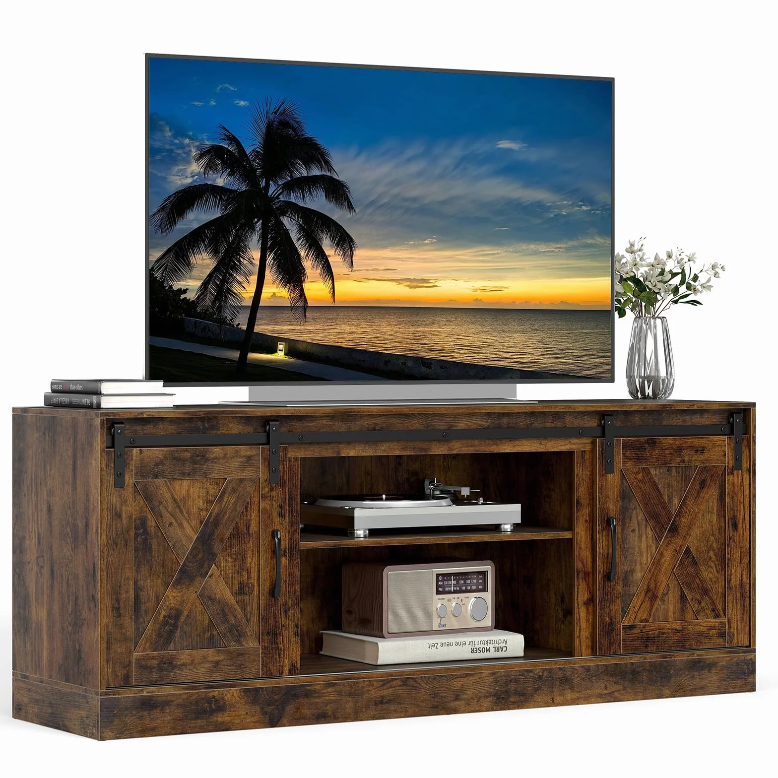COSTWAY Mueble de TV para Salón, Mesa de TV de hasta 70 Pulgadas, Mueble de Salón Modular con Puertas Corredizas Tipo Granero y Estantes Ajustables, Modulo TV para Salón, 150x39x60 cm, Marrón Rústico
