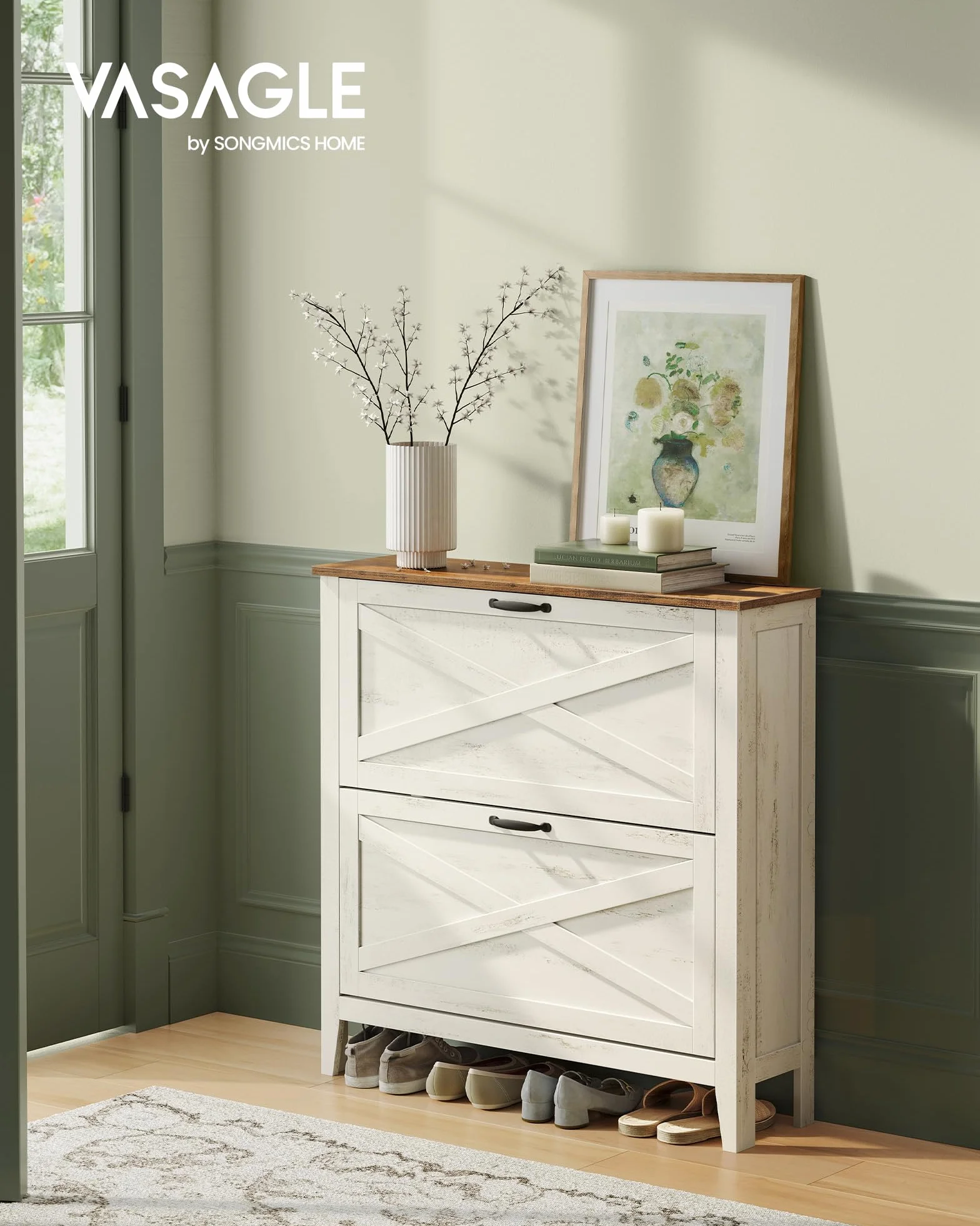 VASAGLE LIRY Colección - Mueble Zapatero, con 2 Cajones Abatibles, Zapatero Estrecho Independiente para Entrada, Estilo Rústico, para 12 a 16 Pares, Blanco Rústico HSC201W01