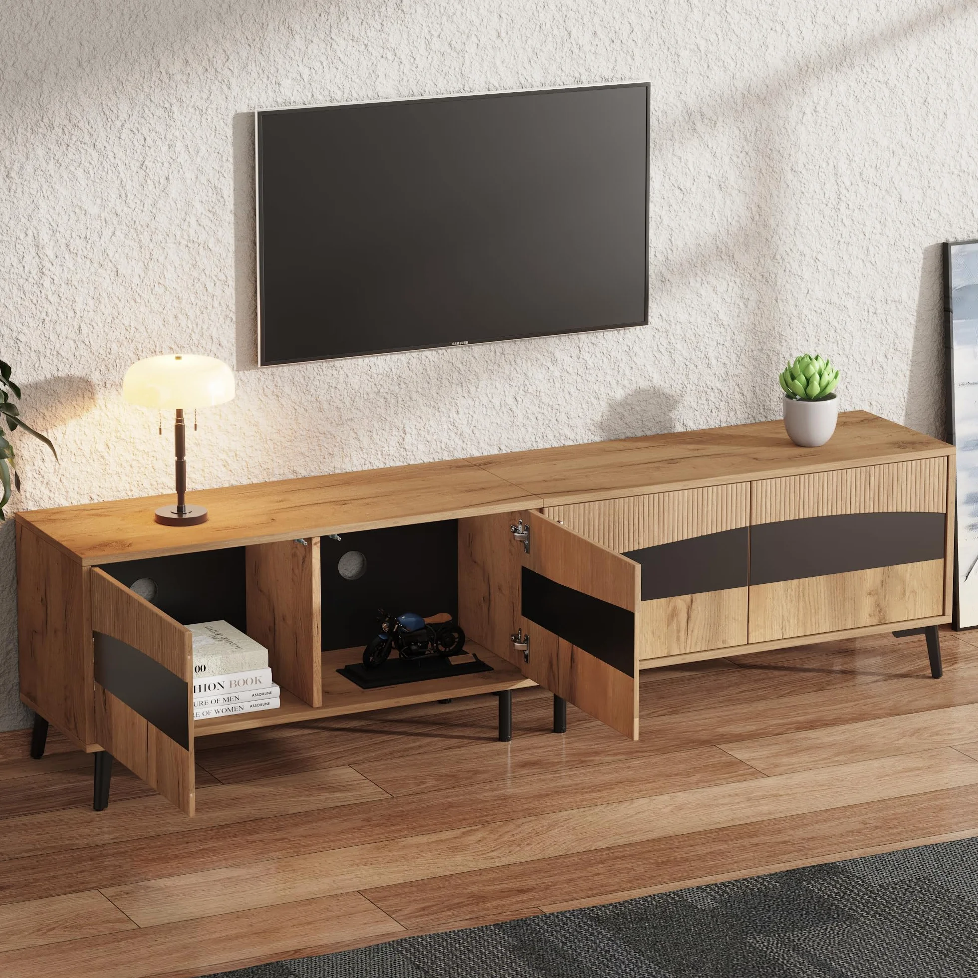 Mueble para televisión, 180 x 40 x 50 cm, color madera + soporte para TV de empalme negro, armario de TV con 4 armarios, armario de salón con 8 patas de apoyo, capacidad de carga recomendada 30